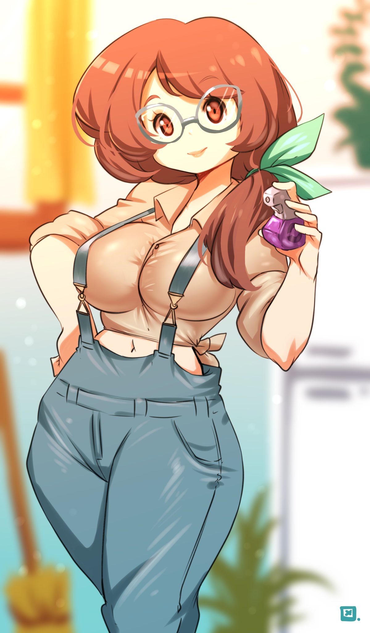 1girls, alternate breast size, ass, asymmetrical hair, belly, big ass, big breasts, breasts, brown eyes, brown hair, clothed, cowboy shot, curvaceous, denim, eye contact, female, female only, high resolution, human, human only, jeans, large breasts, light skin, light-skinned female, looking at viewer, mature, mature female, megane, midriff, milf, mother, mother (pokemon ss), navel, nintendo, open mouth, overalls, pale skin, pale-skinned female, pants, pokemon, pokemon ss, ponytail, pose, potion, presenting, presenting self, side ponytail, smile, solo, source request, standing, text, thick thighs, tied hair, voluptuous, watermark, wide hips
