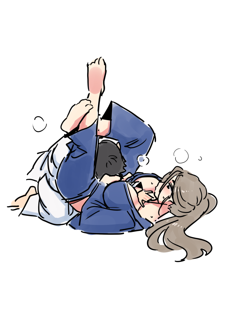 1boy arm_between_breasts arm_grab armbar barefoot between_breasts black_eyes blush breasts dougi female femdom large_breasts leg_lock leg_up long_hair lying martial_arts mixed_wrestling on_back original ponytail royal_tea solo_focus sweat wrestling