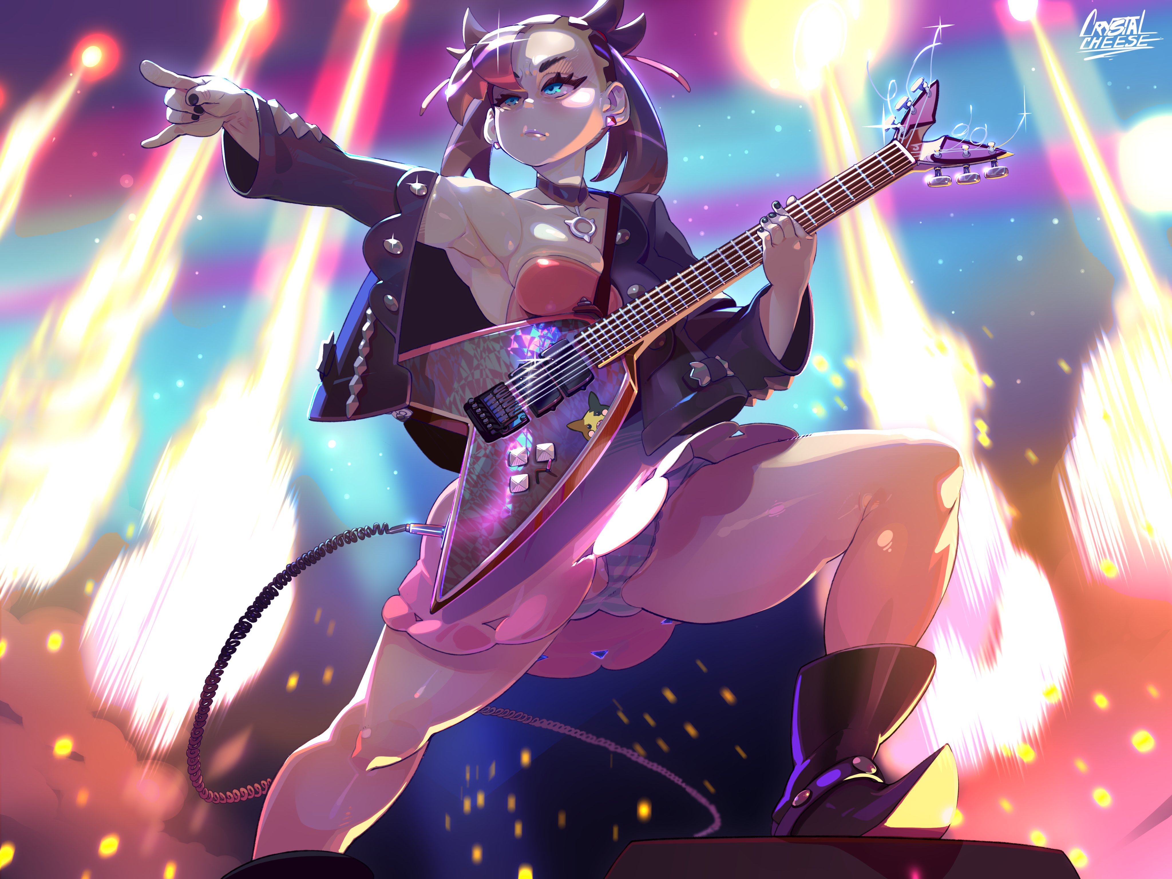 1girls, alternate breast size, ass, big ass, blue panties, breasts, cameltoe, casual, choker, clothed, crystalcheese, dress, earrings, female, female only, fit, guitar, hair over one eye, half-closed eyes, human, jacket, lights, looking away, marnie (pokemon), muscular, muscular arms, muscular legs, musical instrument, nintendo, pale skin, panties, pink dress, pokemon, pokemon ss, pose, public, pussy, skirt, solo, spread legs, stage, striped panties, text, thick thighs, upskirt, watermark, wide hips