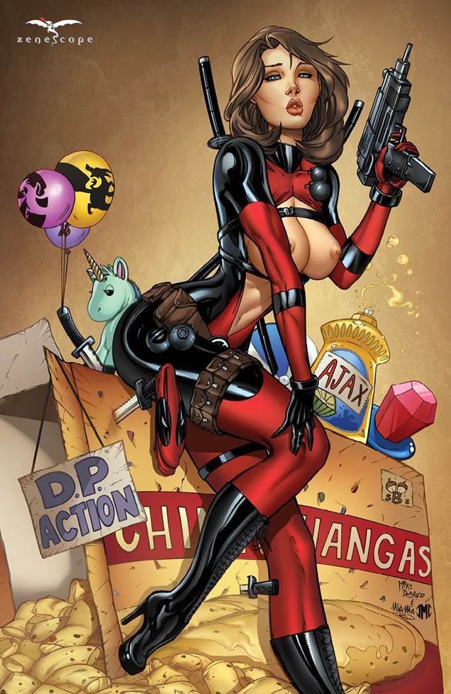 1girls balloons belt big_breasts black_bodysuit blue_eyes bodysuit box breasts breasts_out brown_hair chimichangas comic_cover crossover deadpool_(cosplay) erect_nipples female female_only gun holding_gun jeremy_clark knife large_breasts marvel marvel_comics mask mask_removed mike_debalfo nipples official_art pink_nipples pinup pouch red_bodysuit sheathed_weapon solo stuffed_animal sword text ula_mos unicorn vanessa_carlysle x-force zenescope