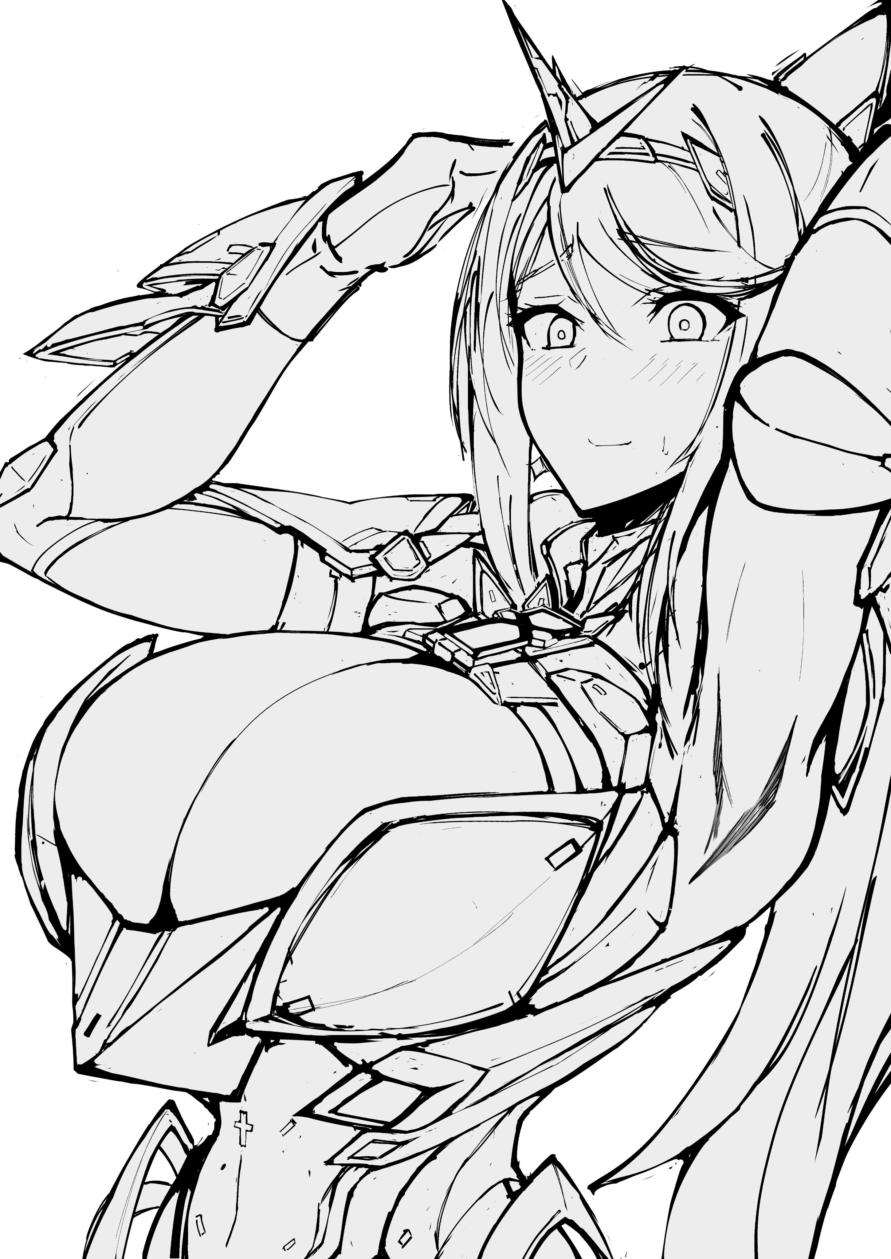 1girls, armor, blush, breasts, cleavage, female, female focus, female only, gatyo 5, greyscale, highres, huge breasts, large breasts, long hair, monochrome, nintendo, pneuma (xenoblade), ponytail, solo, spoilers, xenoblade (series), xenoblade chronicles 2