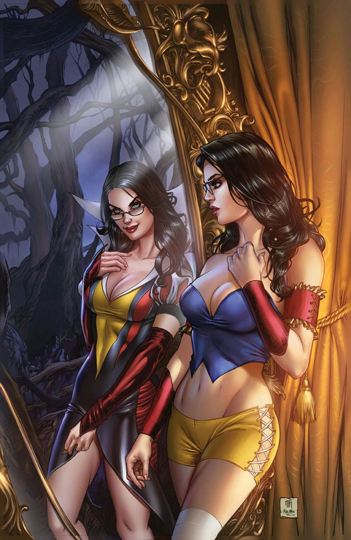 2girls big_breasts black_dress black_hair blue_corset blue_eyes blue_shirt breasts bustier busty cleavage corset cuffs dark_persona dress evil_grin fairy_tales female female_only glasses grimm_fairy_tales_(comic) grimm_fairy_tales_zenescope grimms'_fairy_tales hot_pants large_breasts lipstick long_hair mike_krome mirror pinup red_lips red_lipstick red_sleeves reflection sela_mathers shirt short_shirt short_shorts shorts sleeves snow_white_(fairy_tales) snow_white_(grimm) stockings thighhighs ula_mos white_stockings white_thighhighs yellow_shorts zenescope zenescope_entertainment