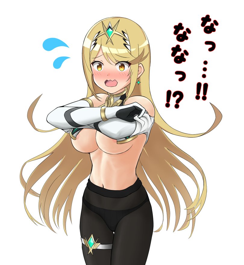 1girls :s areola_slip areolae bangs bare_shoulders blonde_hair blush breasts earrings elbow_gloves embarrassed female female_only gem gloves hair_ornament headpiece hikari_(xenoblade_2) jewelry large_breasts long_hair looking_at_viewer mythra navel nervous nintendo open_mouth shy simple_background solo sssemiii sweatdrop swept_bangs thigh_strap tiara underboob undressing very_long_hair white_background xenoblade_(series) xenoblade_chronicles_2 yellow_eyes