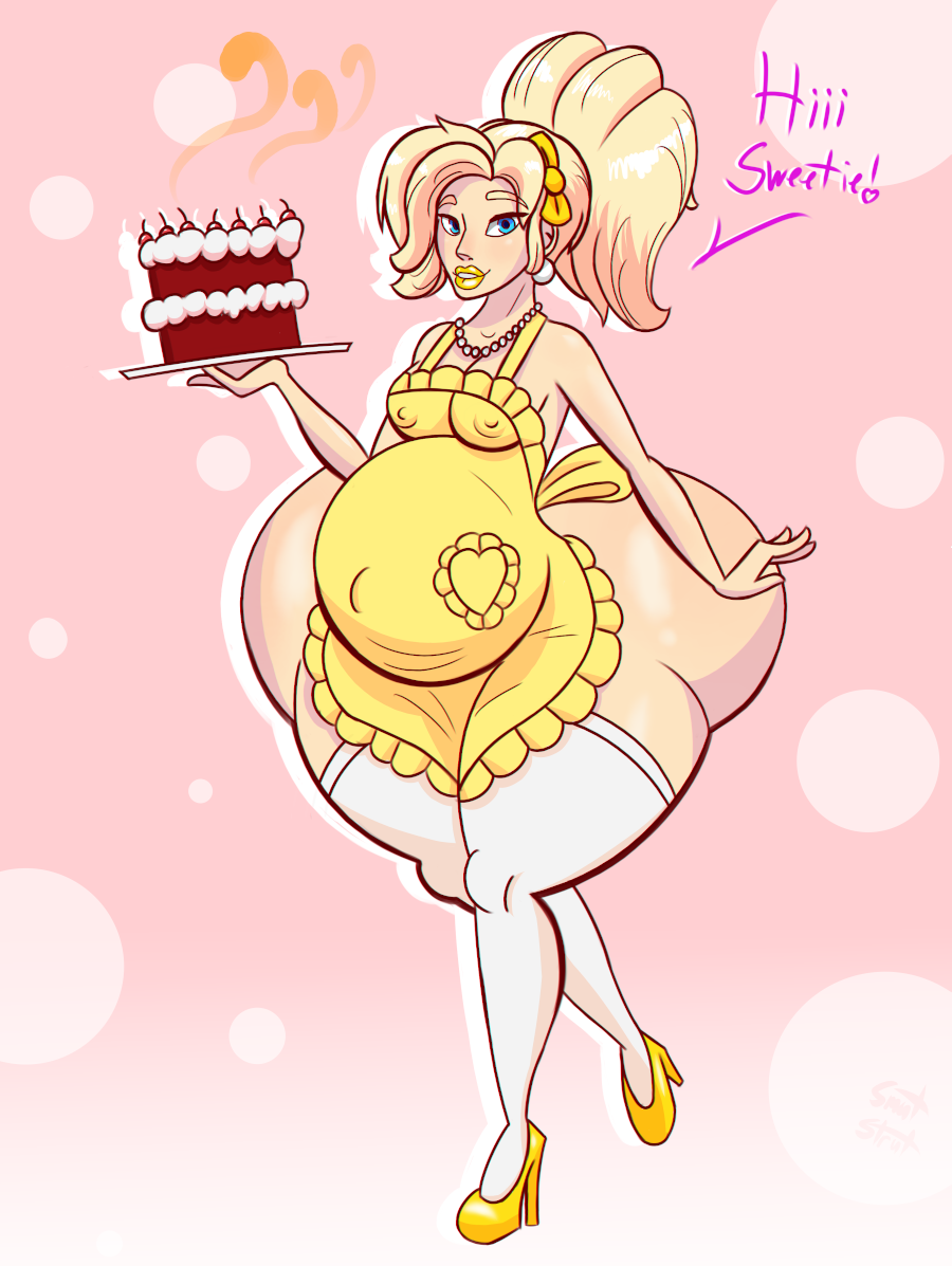 1girls apron big_belly butt cake erect_nipples female high_heels housewife huge_ass hyper_ass large_ass looking_at_viewer mercy milf mom naked_apron nipples_visible_through_clothing overwatch pregnant smutstrut text thick_thighs tights yellow_lipstick