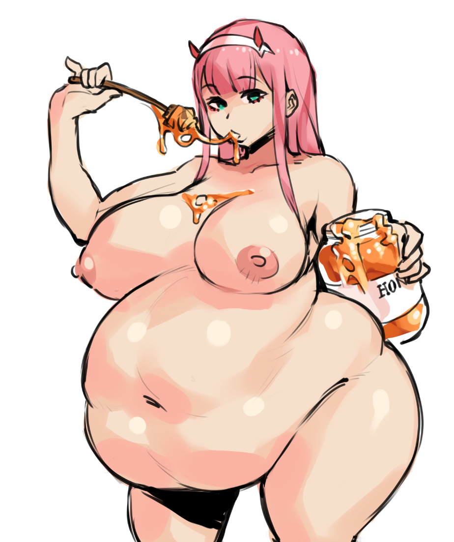 1girls borvar darling_in_the_franxx fat feeding female food honey nude obese obese_female quadruple_belly studio_trigger zero_two_(darling_in_the_franxx)