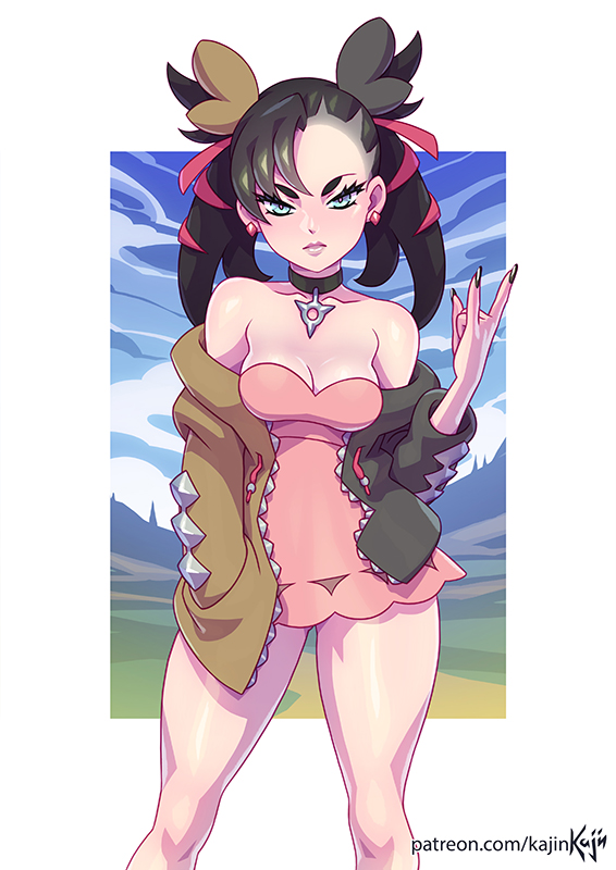 1girls, alternate breast size, alternate outfit, ass, bare shoulders, big ass, black hair, black nails, blue eyes, breasts, choker, cleavage, clothed, clothes, clouds, coat, cosplay, day, deviantart, dress, earrings, eye contact, eyelashes, female, female only, hair ornament, hair over one eye, half-closed eyes, human, kajinman, looking at viewer, marnie (pokemon), morpeko, morpeko (cosplay), morpeko (full belly mode), nail polish, nintendo, outdoors, patreon, pink dress, pokemon, pokemon (cosplay), pokemon ss, pose, ribbons, sky, solo, standing, text, thick thighs, thigh gap, twintails, url, watermark, white border, wide hips