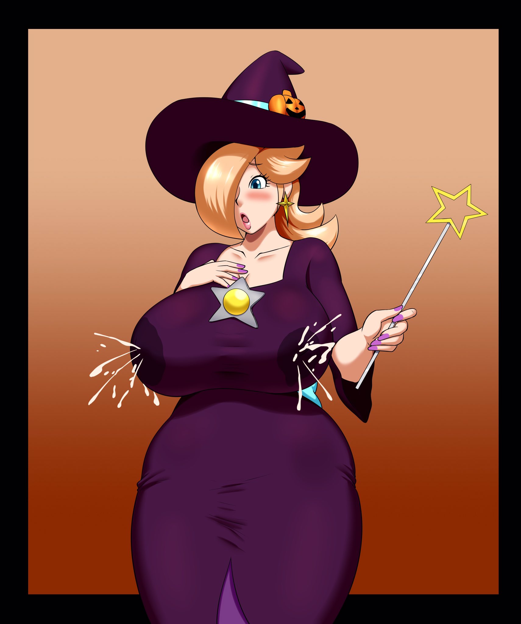 1girls, big breasts, blonde hair, blue eyes, blush, breasts, brooch, casual nudity, cleavage, clothed, dress, earrings, female, female only, fully clothed, hair over one eye, hand on chest, huge breasts, lactation, lactation through clothes, lactation without expressing, large breasts, lips, lipstick, long hair, mario (series), mario kart, mario kart tour, nail polish, nintendo, nipples visible through clothing, no bra, open mouth, plump, princess rosalina, princess rosalina (halloween), projectile lactation, revealing clothes, solo, speeds, star earrings, surprised, wand, wide hips, witch, witch hat