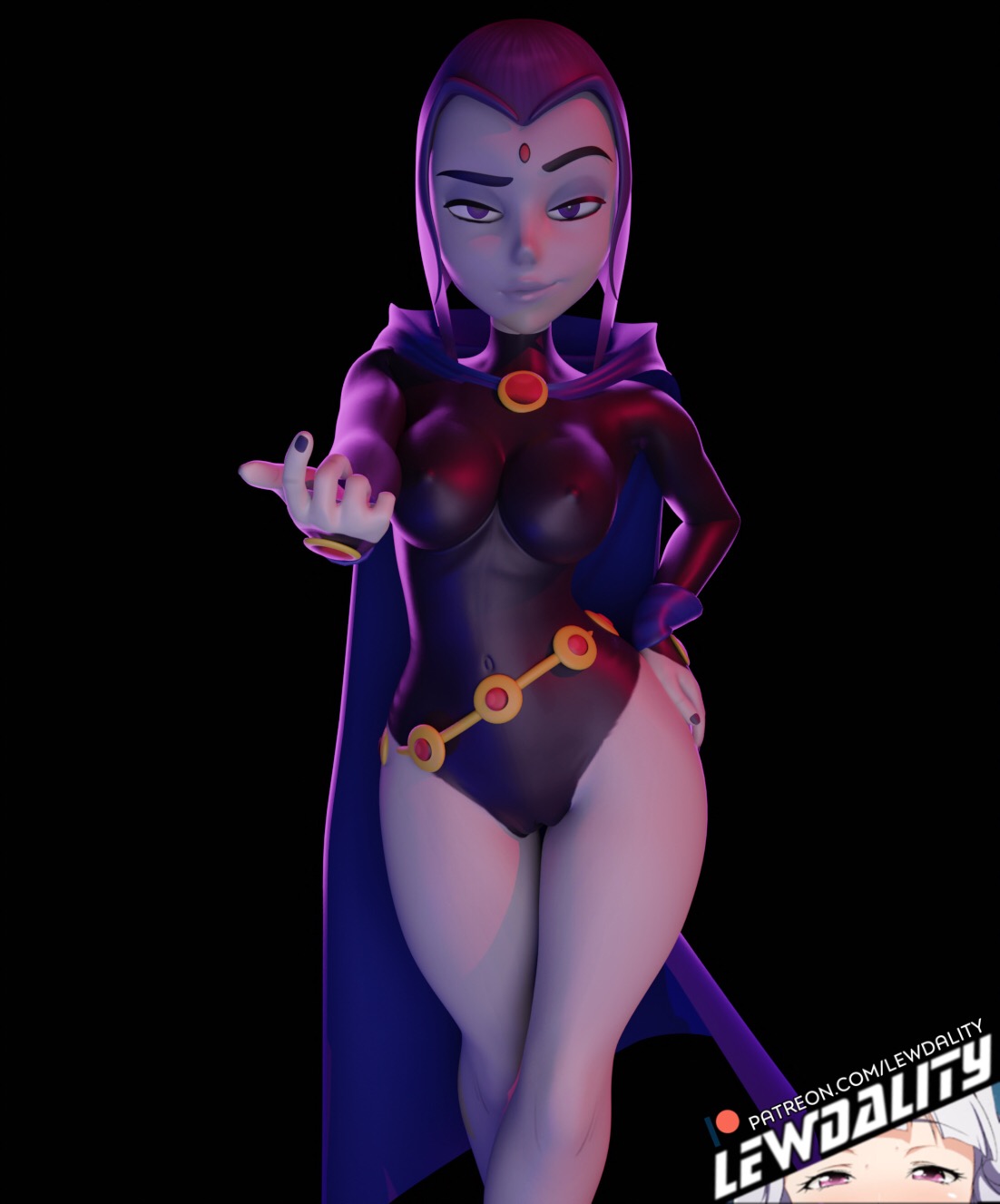 1girls, 3d, 3d (artwork), ass, blender, bodysuit, breast grab, breast press, breast squeeze, breasts, cloak, curvaceous, curvy, curvy figure, dc, dc comics, female, flirting, goth, hi res, high resolution, highres, hip grab, hips, leotard, lewdality, looking at viewer, nipple bulge, nipples, nipples visible through clothing, one-piece swimsuit, purple eyes, purple hair, pussy, rachel roth, raven (dc), see-through, see-through clothing, simple background, teen titans, teenager, thick ass, thick thighs, vagina