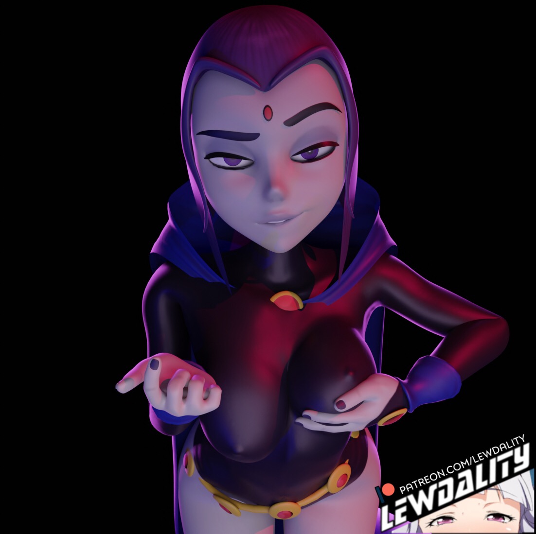 1girls, 3d, 3d (artwork), ass, blender, breast grab, breast press, breast squeeze, breasts, cape, curvaceous, curvy, curvy figure, dc, dc comics, female, flirting, hi res, high resolution, highres, hip grab, hips, leotard, lewdality, looking at viewer, nipple bulge, nipples, purple eyes, purple hair, pussy, rachel roth, raven (dc), see-through, see-through clothing, simple background, teen titans, teenager, thick ass, thick thighs, vagina