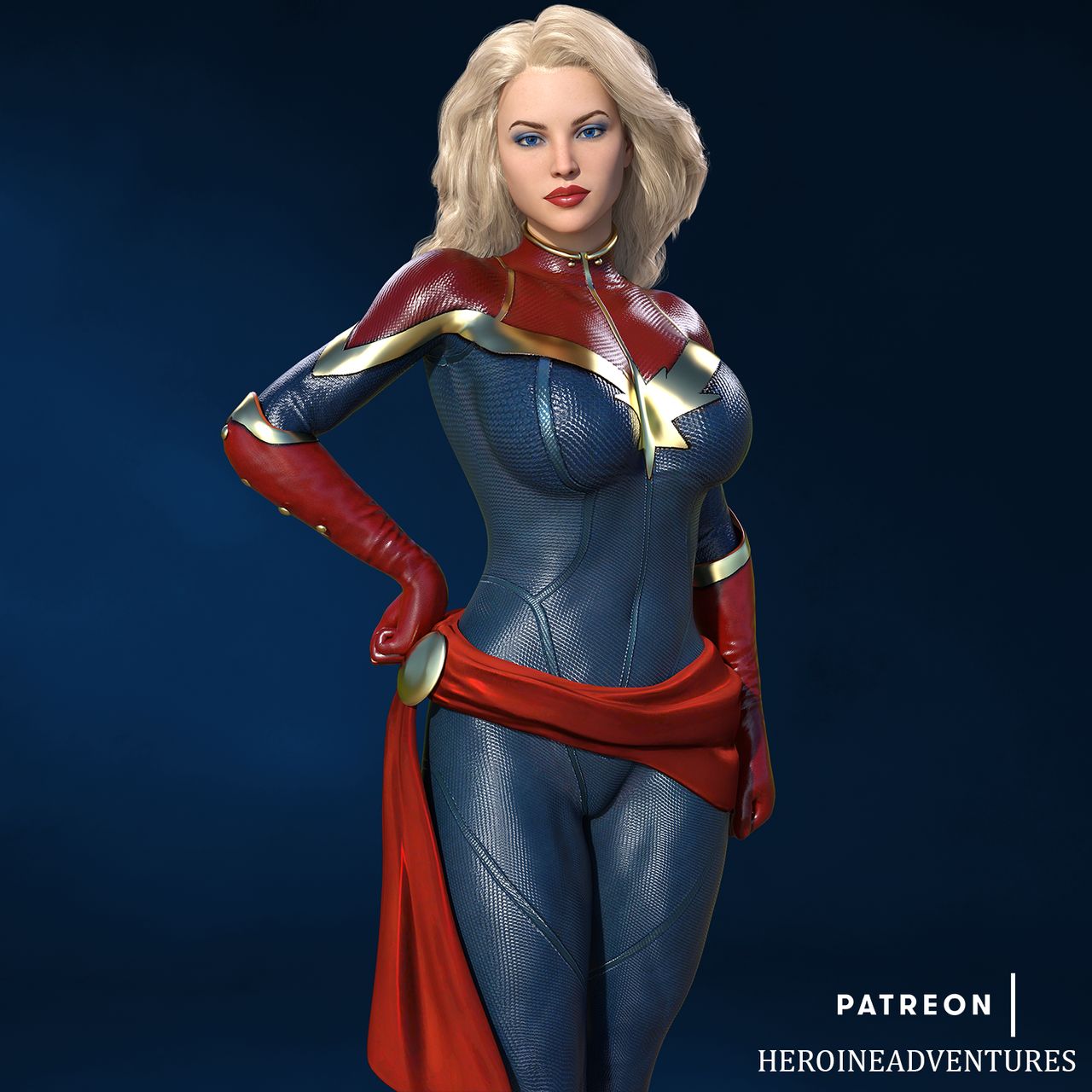 1girls, 3d, artist name, avengers, big breasts, blonde hair, blue bodysuit, blue eyes, bodysuit, breasts, busty, captain marvel, carol danvers, eyeshadow, female, female only, gloves, hand on hips, heroineadventures (artist), large breasts, lipstick, long hair, makeup, marvel, marvel comics, mascara, pinup, red gloves, red lips, red lipstick, red sash, sash, solo, standing, superheroine, thighs