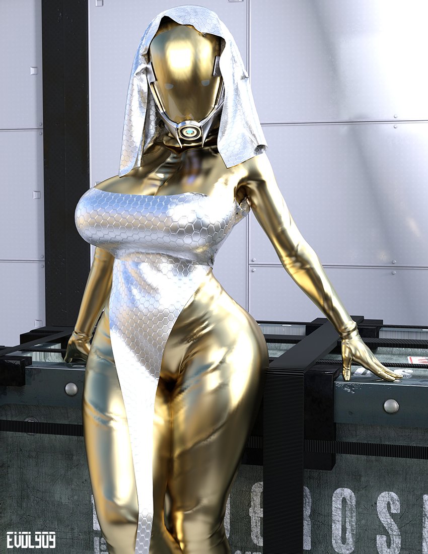 1girls, 3d, alien, alien girl, big breasts, bimbo, bodysuit, breasts, busty, cleavage, curvy, detailed background, dress, evolluisionist, eyelashes, female, female only, front view, glowing eyes, helmet, hood, hourglass figure, humanoid, indoor, inside, looking at viewer, masked female, mass effect, original character, pose, posing, quarian, room, shadow, solo, spread legs, spreading, standing, thick thighs, video game, video games, voluptuous, white dress, wide hips