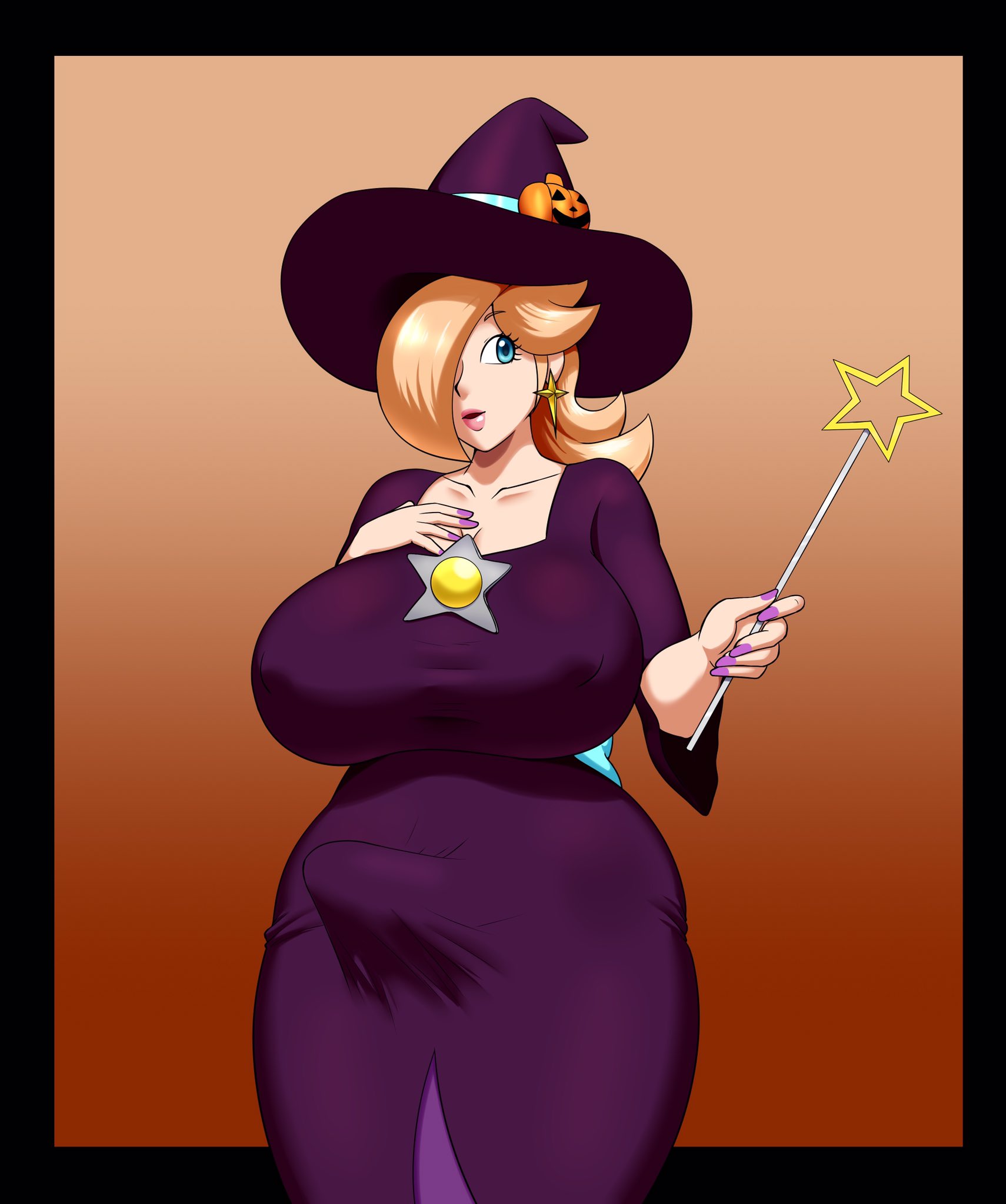 1futa, big breasts, blonde hair, blue eyes, breasts, brooch, casual nudity, cleavage, clothed, dress, earrings, fully clothed, futa only, futanari, hair over one eye, hand on chest, huge breasts, intersex, large breasts, lips, lipstick, long hair, looking to the side, mario (series), mario kart, mario kart tour, nail polish, nintendo, nipples visible through clothing, no bra, open mouth, plump, princess rosalina, princess rosalina (halloween), revealing clothes, solo, speeds, star earrings, wand, wide hips, witch, witch hat