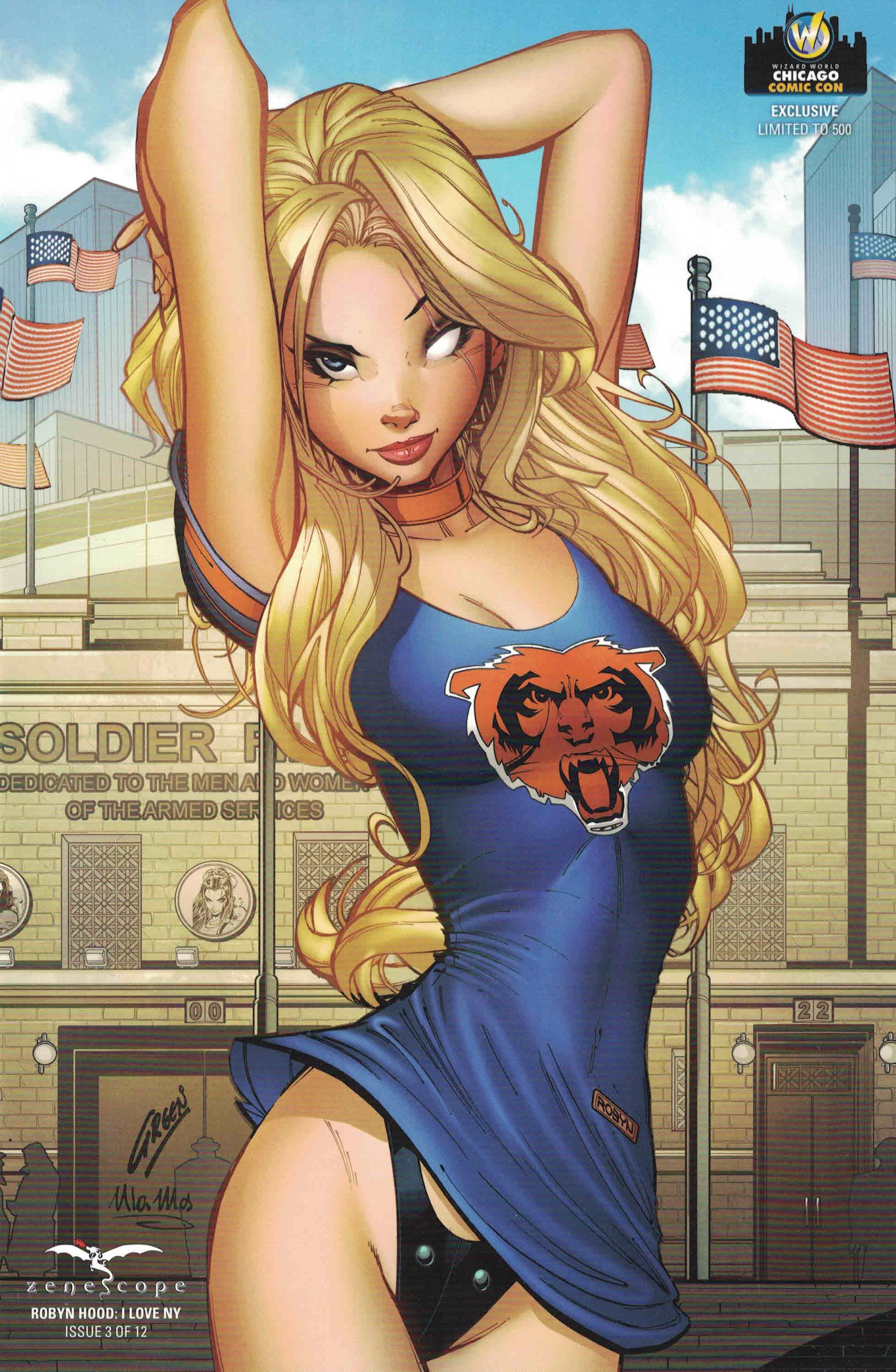 1girls american_flag arms_up big_breasts black_panties black_thong blonde_hair blue_eye blue_shirt breasts building busty chicago chicago_bears collar comic_cover female female_only flag glowing_eye grimm_fairy_tales_(comic) grimm_fairy_tales_zenescope highleg highleg_thong large_breasts lipstick long_hair official_art panties paul_green pinup robyn_hood robyn_locksley shirt solo text thong ula_mos yellow_eye zenescope zenescope_entertainment