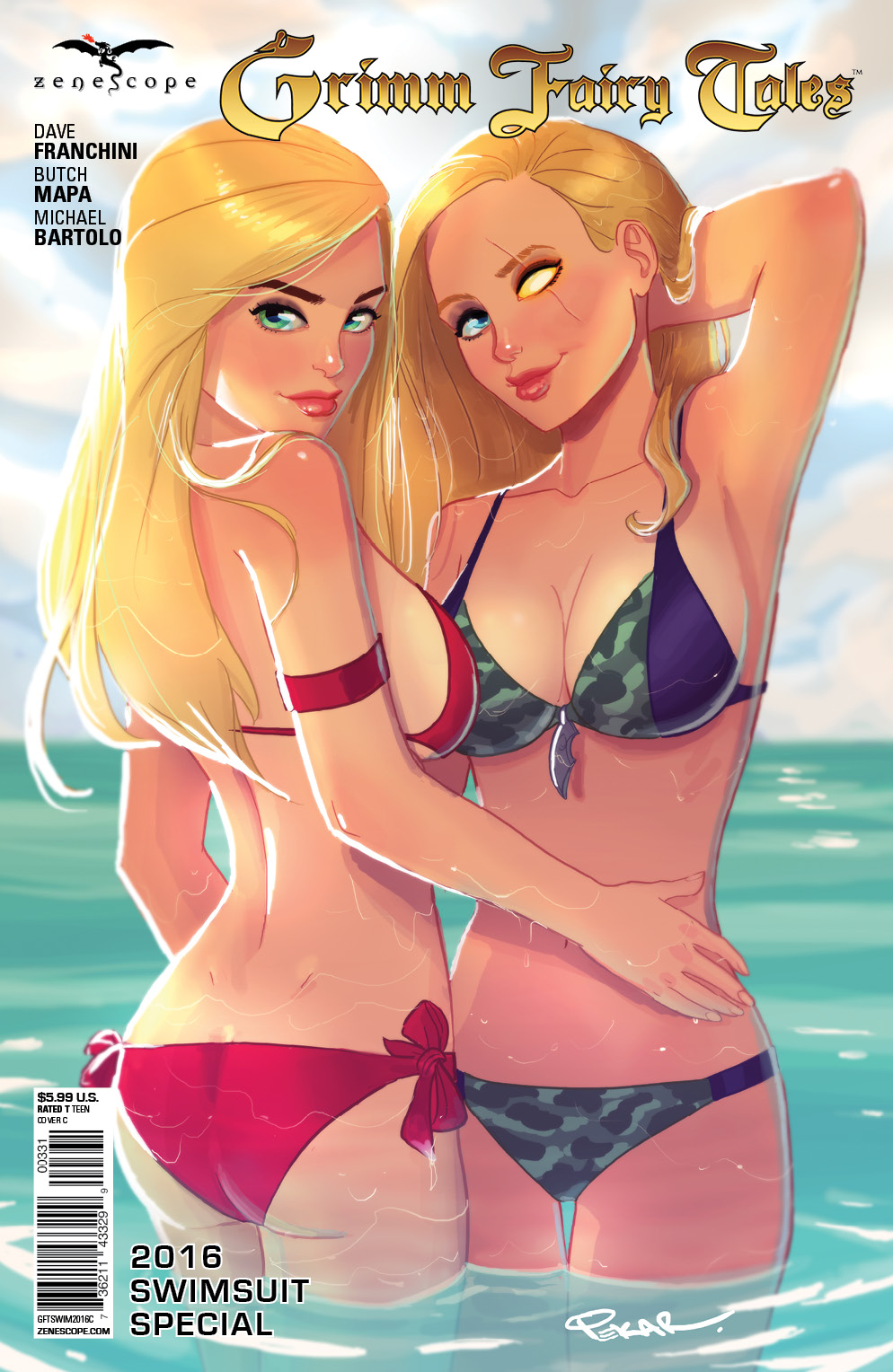 2girls arm_up ass barcode beach big_breasts bikini bikini_bottom bikini_top blonde_hair blue_eye breasts britney_waters busty camouflage camouflage_bikini comic_cover embrace eye_contact female female_ass female_only glowing_eye green_eyes grimm_fairy_tales_(comic) grimm_fairy_tales_zenescope hug joe_pekar large_breasts lipstick long_hair looking_at_viewer looking_back_at_viewer official_art pinup red_bikini red_bikini_bottom red_bikini_top red_lips red_lipstick robyn_hood robyn_locksley scar smile smiling swimsuit text water yellow_eye zenescope zenescope_entertainment