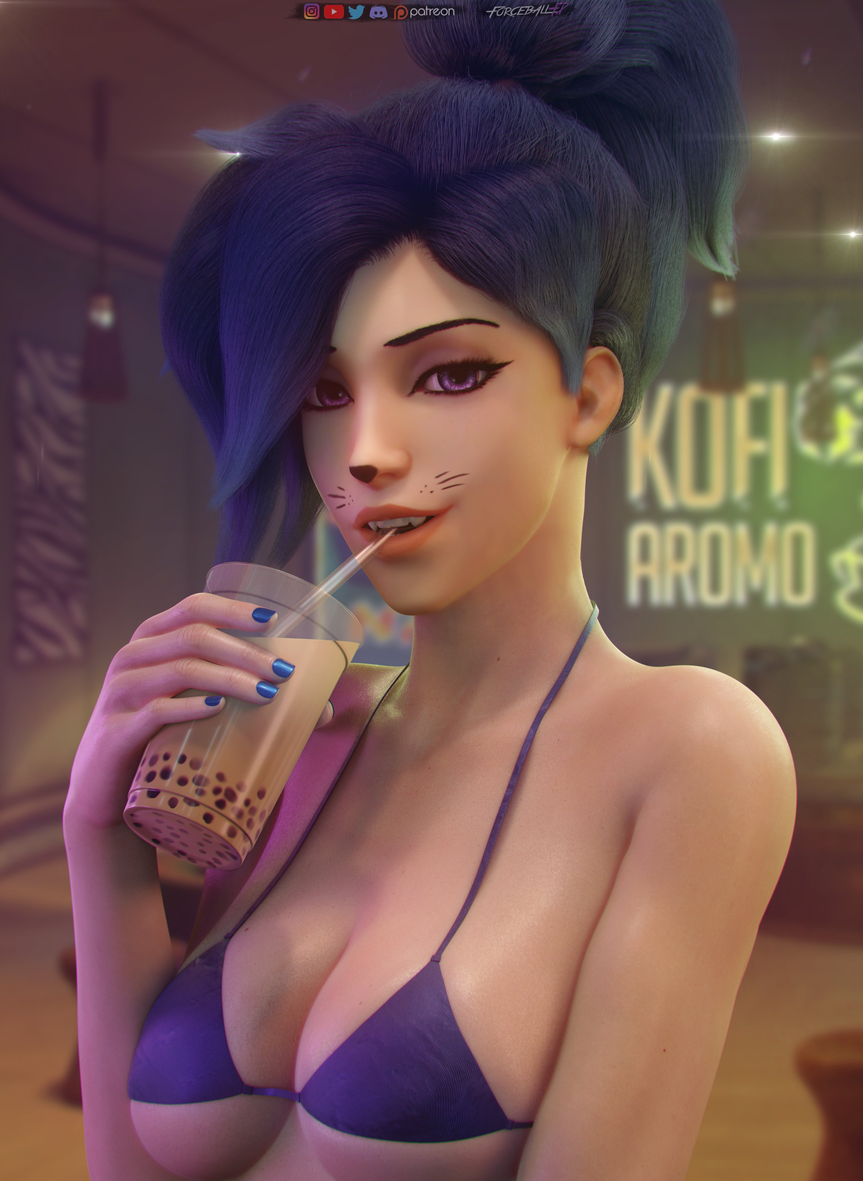 1girls, 3d, absurdres, angela ziegler, big breasts, blender, blizzard entertainment, blue hair, bra, breasts, female, female only, forceballfx, goth, highres, large breasts, looking at viewer, mercy, overwatch, purple eyes, solo