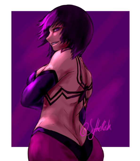 1girls, alternate costume, arms under breasts, armwear, artist name, artist signature, ass, back, back view, behind view, black hair, bra, breasts, capcom, clothed, clothed female, clothes, female, female focus, female only, from behind, hair, highlights, juri han, large ass, large breasts, looking at viewer, looking back, pants, purple eyes, purple hair, scytherush, side view, simple background, smile, smiling, smiling at viewer, solo, street fighter, street fighter iv, street fighter v, watermark