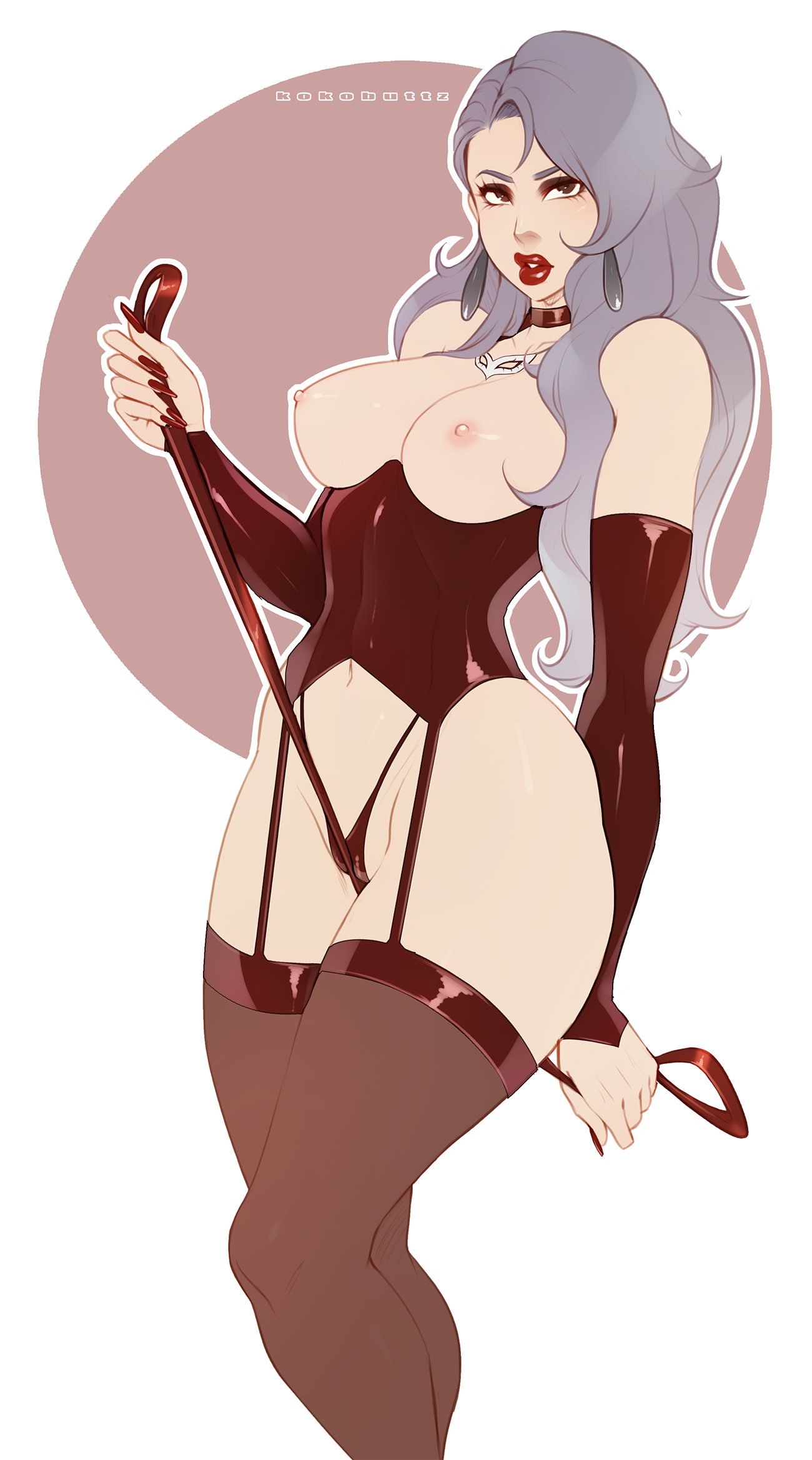 1girls, areolae, artist name, big breasts, breasts, clothing, dominatrix, female, female only, hair, kokobuttz, long hair, mature, mature female, megami tensei, nipples, persona, persona 5, sae niijima, solo, video games, watermark, whip