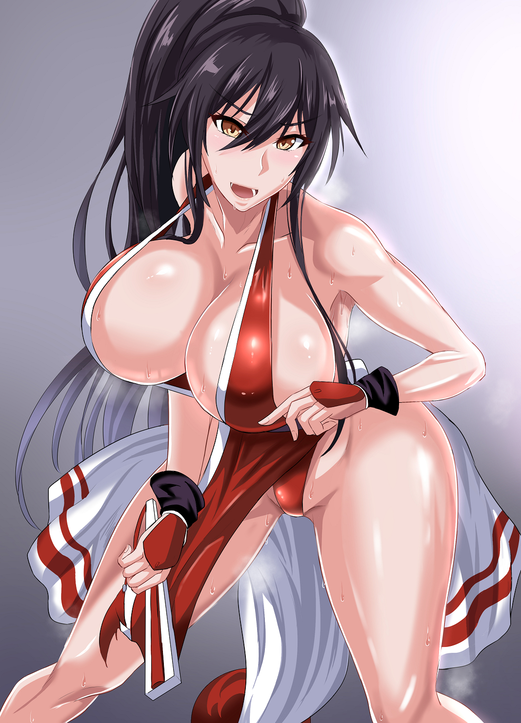 1girls, alternate costume, bare shoulders, big breasts, bikini, blush, breasts, cosplay, female, female focus, huge breasts, idolmaster, idolmaster shiny colors, impossible clothes, japanese clothes, jet puri, king of fighters, large breasts, leotard, long hair, looking at viewer, mai shiranui (cosplay), open eyes, open mouth, panties, ponytail, revealing clothes, shirase sakuya, sideboob, smile, solo, sweat, sweatdrop, swimsuit, thick thighs, thighhighs, thighs, underwear