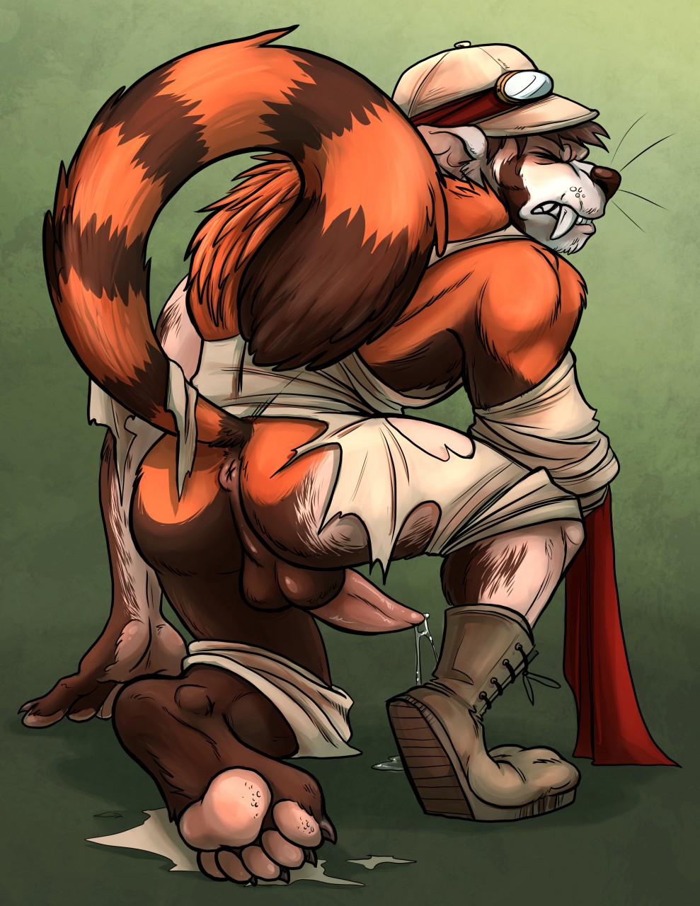 ailurid animal_genitalia anthro balls bodily_fluids bubbeh clothing cum fur genital_fluids hi_res male male_only mammal penis red_panda transformation