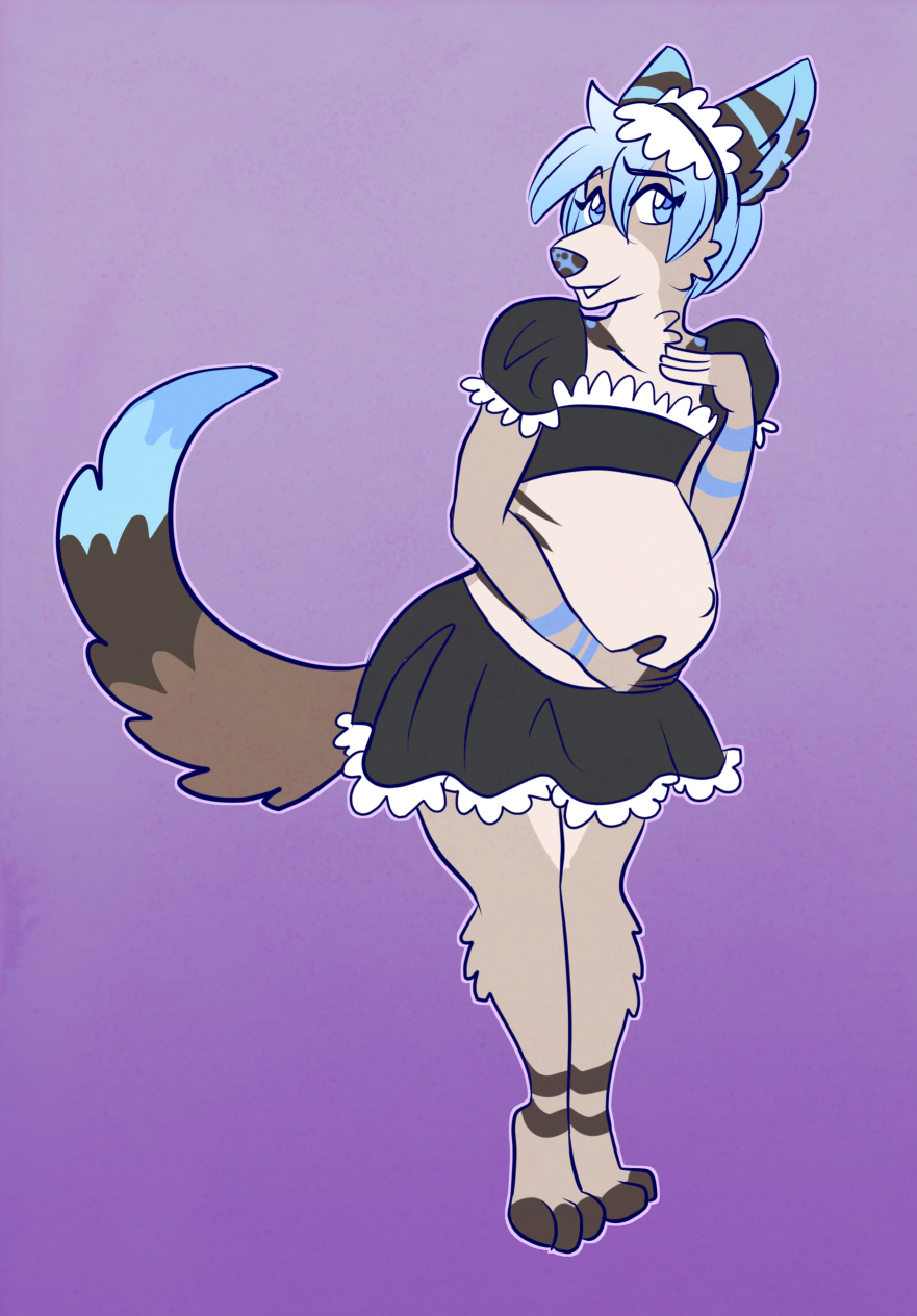 anthro belly big_belly canid canine canis clothing collie domestic_dog herding_dog hi_res maid_uniform male_pregnancy mammal navel papayamist pastoral_dog pregnant sheepdog simple_background solo standing uniform