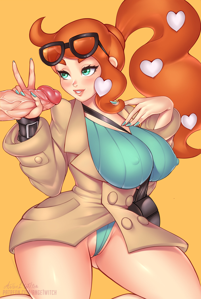 1boy, 1girls, alternate breast size, alternate outfit, ange1witch, ass, big ass, big breasts, big penis, blue eyes, blue nails, blush, bodysuit, breasts, cleavage, clothed, coat, erect nipples, erection, eye contact, eyelashes, female, female human, full lips, grin, hair ornament, half-closed eyes, handjob, heart, huge breasts, human, human only, large breasts, light skin, light-skinned female, lipstick, long hair, long nails, looking at viewer, male, nintendo, nipple bulge, nipples, offscreen male, patreon, penis, pokemon, pokemon ss, ponytail, slim waist, smile, sonia (pokemon), straight, sunglasses, sunglasses on head, teeth, text, thick thighs, thigh gap, url, variant set, veins, watermark, wide hips, yellow background