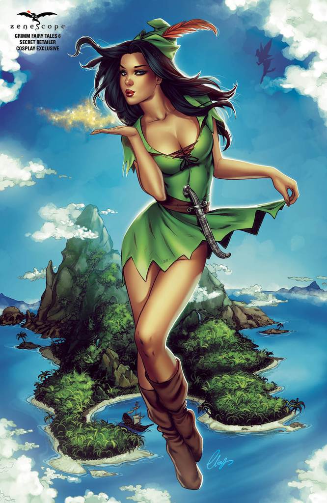 1girls big_breasts big_breasts black_hair blowing blowing_kiss blue_eyes boots breasts brown_boots busty cloud clouds comic_cover crossover dress elias_chatzoudis eye_contact eyeshadow female female_only flight flying green_dress green_hat grimm_fairy_tales_(comic) hat island knife large_breasts lipstick long_hair looking_at_viewer magic makeup mascara mountain official_art peter_pan peter_pan_(cosplay) pinup red_lips red_lipstick ship skye_mathers skylar_"skye"_mathers smile smiling solo text zenescope zenescope_entertainment