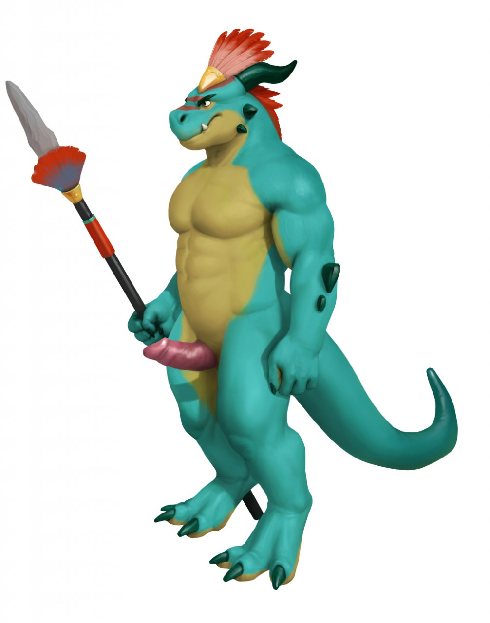 2019 abs anthro biceps blue_body blue_scales bodypaint clothing erection fangs fffffolder headgear headwear hi_res horn humanoid_penis male male_only melee_weapon muscular muscular_male nude pecs penis polearm quads scales scalie simple_background solo spear standing teeth triceps war_paint weapon white_background