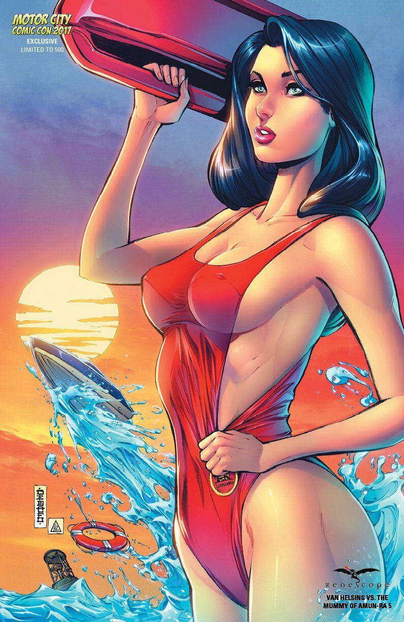 1girls 2017 baywatch_(cosplay) baywatch_(franchise) big_breasts black_hair boat breasts busty cleavage cloud clouds comic_cover crossover erect_nipples erect_nipples_under_clothes female female_only flotation_device green_eyes grimm_fairy_tales_(comic) hedwin_zaldivar large_breasts liesel_van_helsing lipstick long_hair mike_debalfo motorboat nipple_bulge nipples official_art one-piece_swimsuit paddleboard partially_submerged pink_lips pink_lipstick pinup red_one-piece_swimsuit red_swimsuit solo standing sun sunset surfboard swimsuit text thighs water zenescope zenescope_entertainment