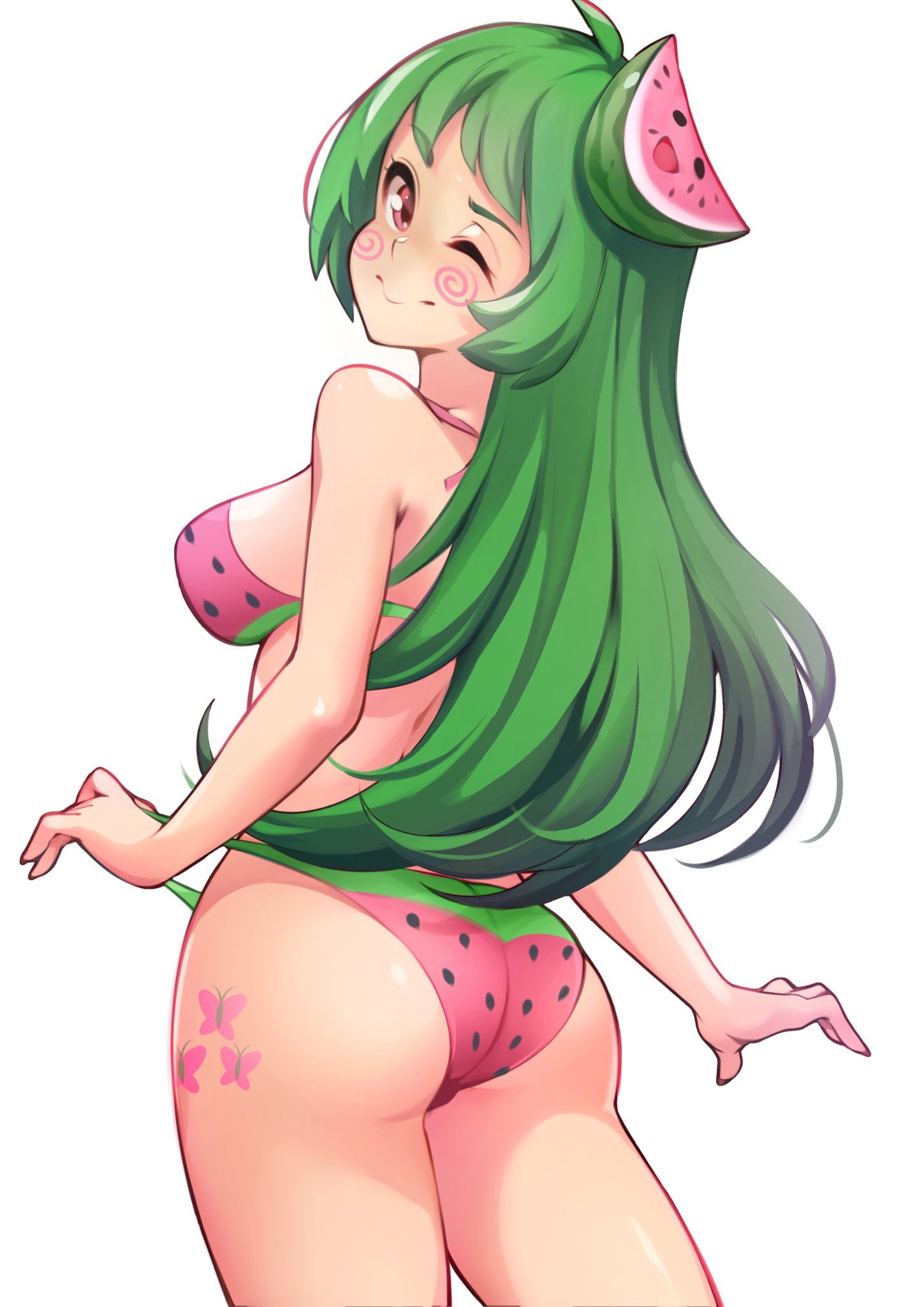 bikini bikini_bottom bikini_top butt butterfly_tattoo cute female fruit green_hair lentiyay long_hair looking_at_viewer looking_back shiny_skin swirls tagme tattoo two_piece_swimsuit vannamelon vannamelon_(copyright) virtual_youtuber watermelon watermelon_bikini watermelon_print white_background wink winking_at_viewer youtuber