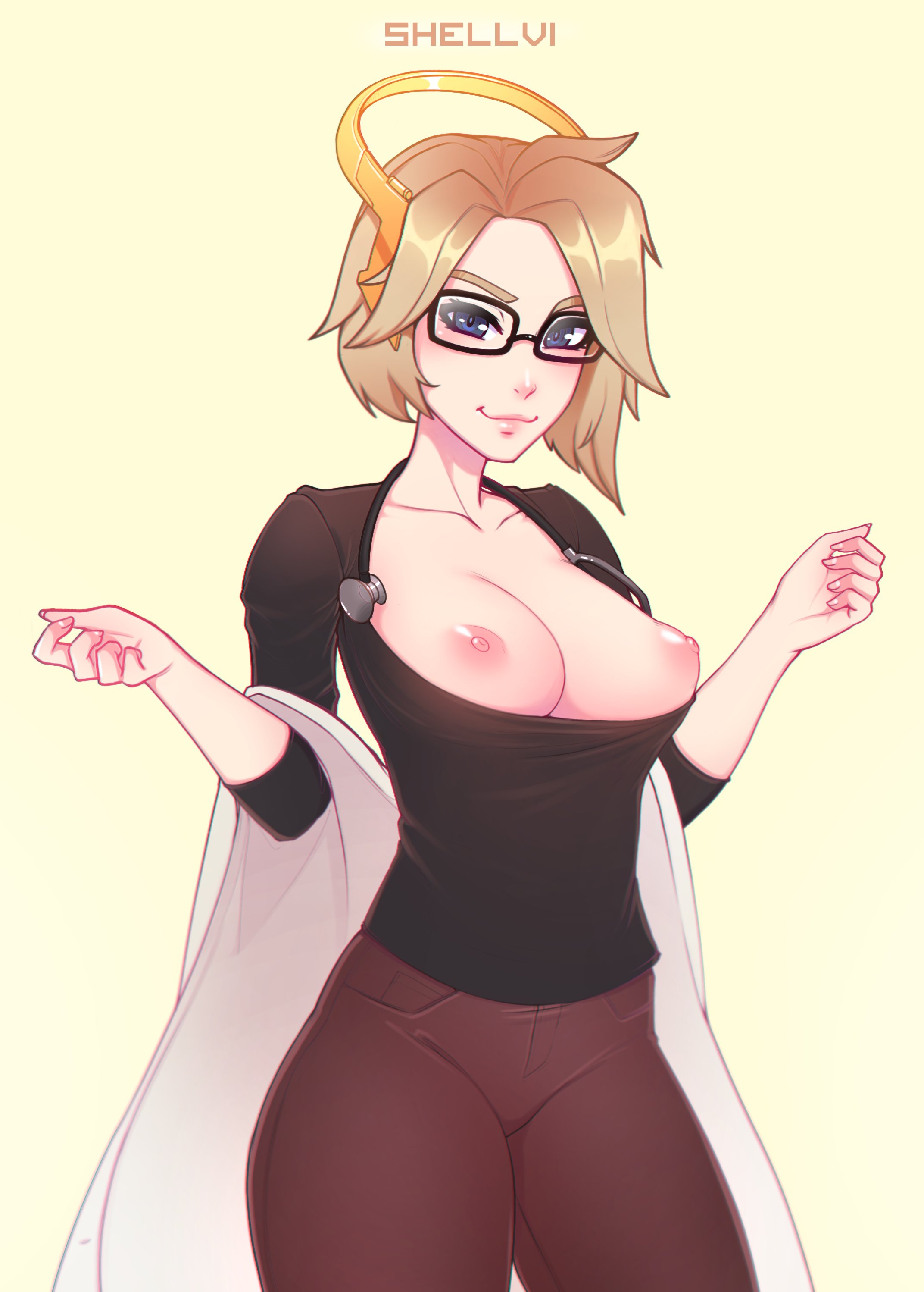 1girls, areolae, big breasts, blonde hair, blue eyes, blush, breasts, breasts out, cleavage, clothed, clothing, doctor, eyelashes, female, female focus, female only, glasses, headwear, large breasts, light skin, looking at viewer, mercy, nipples, no bra, nurse, overwatch, pants, perky breasts, pose, posing, shellvi, short hair, simple background, smile, solo, solo female, solo focus, standing, tight pants, uniform, white background