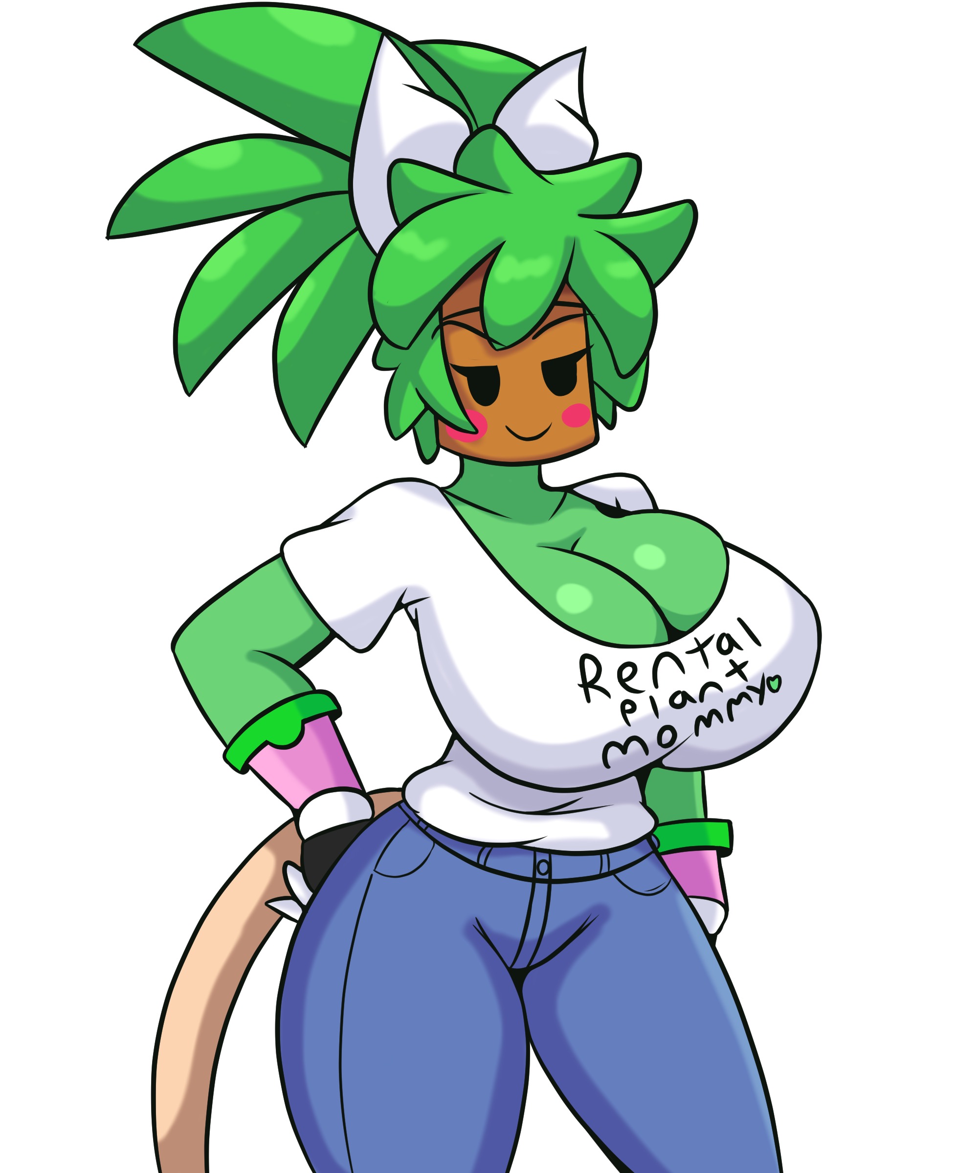 1girls, 2019, 5:6, alien, alien girl, alien humanoid, big breasts, black eyes, black sclera, blaster master, blaster master zero 2, blush, breasts, clothed, clothes, clothing, english text, eyebrows, eyelashes, female, female only, flora fauna, flower, fully clothed, green hair, green skin, hair, hand on hip, hips, hourglass figure, huge breasts, humanoid, iggy-bomb, jeans, kanna (blaster master), large breasts, mob face, nintendo, no pupils, plant, plant girl, plant humanoid, plantie, rental mommy shirt, simple background, smile, smiling, smug, solo, solo female, standing, tail, text, thick, thick thighs, thighs, video games, voluptuous, white background, wide hips