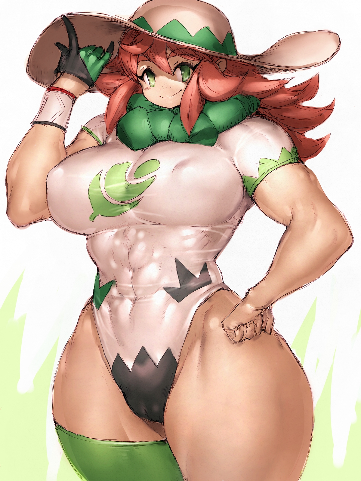 1girls, abs, ass, bodysuit, breasts, cameltoe, cleavage, eye contact, female, female only, freckles, fumio (rsqkr), genderswap, genderswap (mtf), hat, huge ass, huge breasts, large breasts, leotard, looking at viewer, milo (pokemon), muscular, muscular female, nintendo, pokemon, pokemon ss, pussy, rule 63, sketch, solo, thick thighs, tight clothing, wide hips