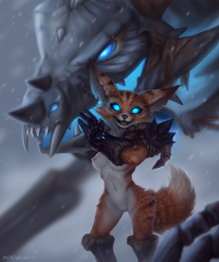 2019 anthro armor blizzard_entertainment breasts canid canine clothed clothing death_knight dragon duo female fennec fox frost_wyrm fur glowing glowing_eyes horn looking_at_viewer mammal milkwyvern multicolored_body multicolored_fur nipples nude open_mouth pussy red_body red_fur smile snow two_tone_body two_tone_fur undead video_games vulpera warcraft white_body white_fur winter