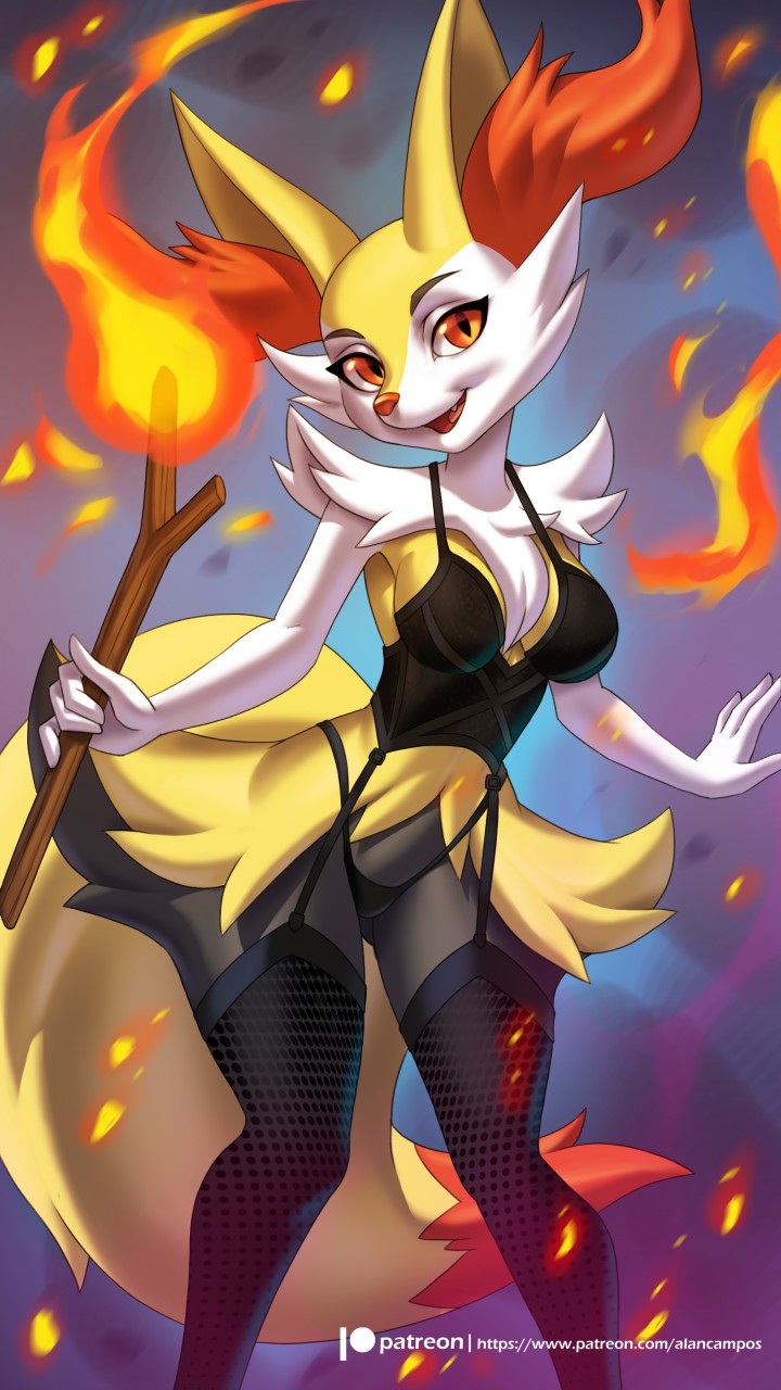 1girls, 4 fingers, alanscampos, anthro, anthrofied, armpits, ass, big ass, big ears, black bra, black fur, black legwear, black panties, black thighhighs, bra, braixen, breasts, canine, cleavage, clothed, clothes, eye contact, female, female only, fire, fox, furry, half-closed eyes, holding, legwear, lingerie, looking at viewer, nintendo, open mouth, orange eyes, orange fur, original character, panties, patreon, pokémon (species), pokemon, pokemon (species), pokemon xy, pose, purple background, smile, solo, standing, stick, teeth, text, thick thighs, thigh gap, thighhighs, tongue, torch, underwear, url, watermark, white fur, wide hips, yellow fur