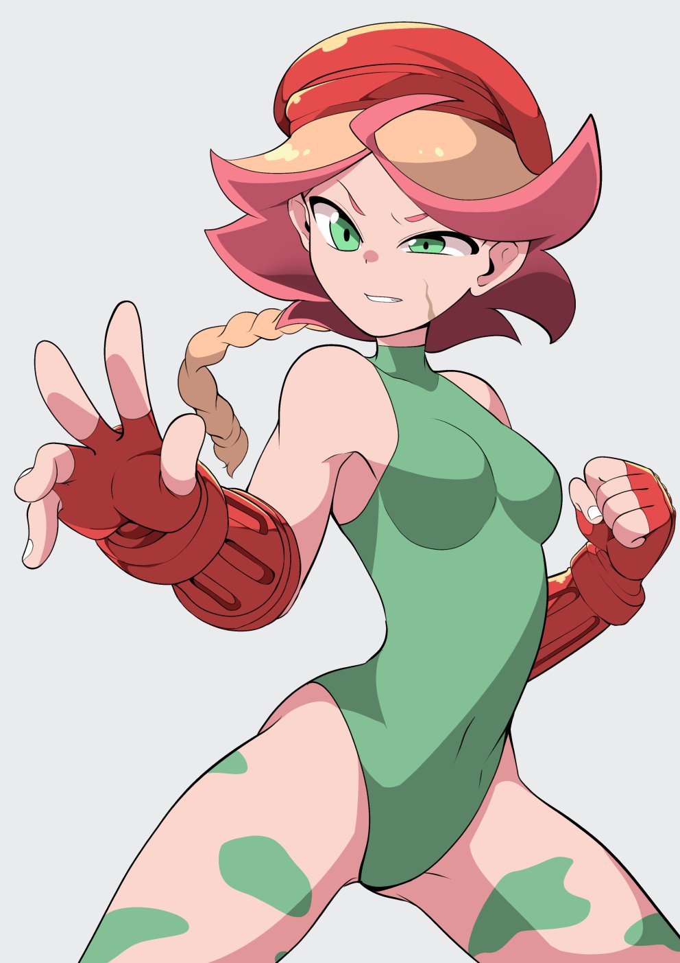 1girls, alternate costume, amanda o'neill, beret, bodypaint, cammy white, cosplay, female, female only, fighting stance, fingerless gloves, gloves, green eyes, hat, impossible clothes, leotard, little witch academia, open eyes, orange hair, popopo, short hair, simple background, solo, standing, street fighter