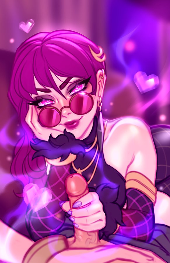 1boy 1girls blushypixy blushyspicy erection evelynn female glowing_eyes handjob head_on_hand heart holding_penis k/da_evelynn k/da_series league_of_legends looking_over_eyewear looking_over_glasses male medium_penis nail_polish penis pink-tinted_eyewear pov purple_eyes purple_hair retracted_foreskin straight sunglasses tinted_eyewear