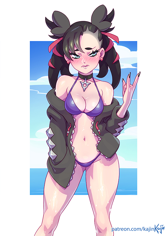 1girls, alternate breast size, alternate outfit, ass, bare shoulders, big ass, bikini, black hair, black nails, blue eyes, blush, breasts, choker, cleavage, clothed, clothes, clouds, coat, day, dress, earrings, eye contact, eyelashes, female, female only, hair ornament, hair over one eye, human, kajinman, looking away, marnie (pokemon), nail polish, nintendo, outdoors, patreon, pokemon, pokemon ss, pose, sky, solo, standing, text, thick thighs, thigh gap, twintails, url, watermark, white border, wide hips