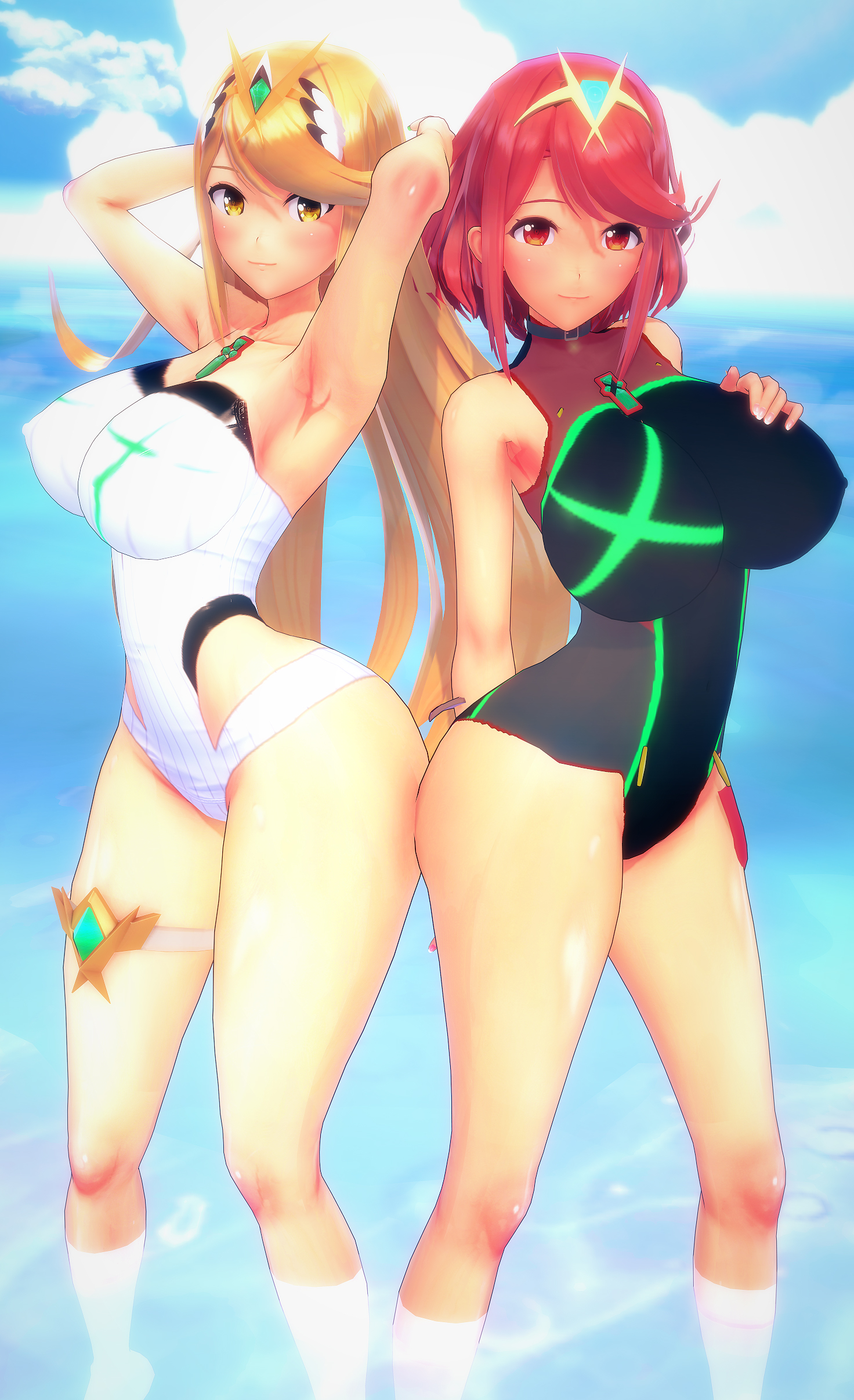 2girls, 3d, bangs, beach, blonde hair, blush, breasts, cocoron, dual persona, female, glasses, hands behind head, holding, holding breasts, huge breasts, koikatsu, large breasts, legs, long hair, looking at viewer, multiple persona, mythra, nintendo, nude, one-piece swimsuit, pose, pyra, red hair, short hair, swept bangs, swimsuit, thighs, very long hair, xenoblade (series), xenoblade chronicles 2