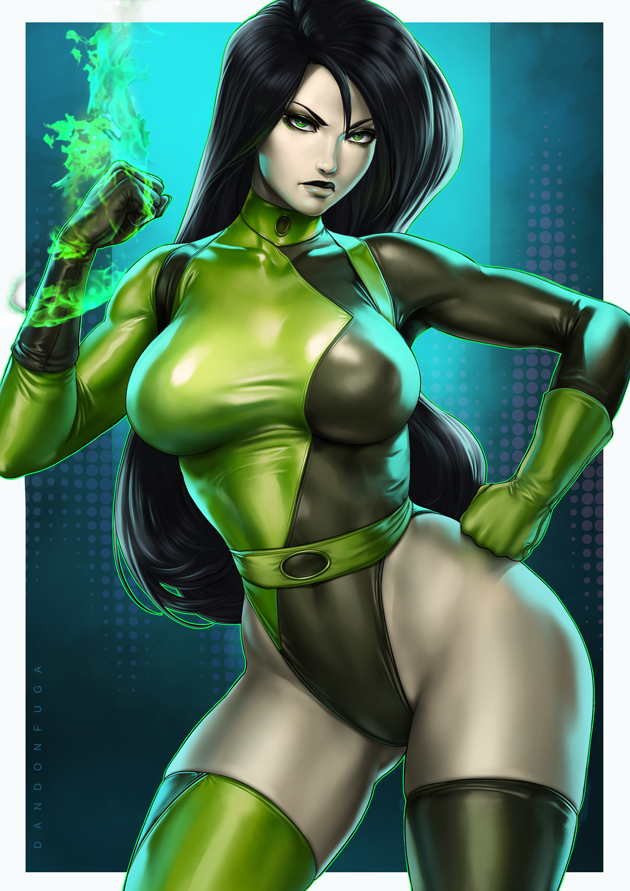 1girls, big breasts, bodysuit, boots, breasts, cleavage, clothing, dandon fuga, disney, female, female only, footwear, gloves, handwear, kim possible, large breasts, leotard, looking at viewer, pinup, realistic, shego, solo, thighhighs