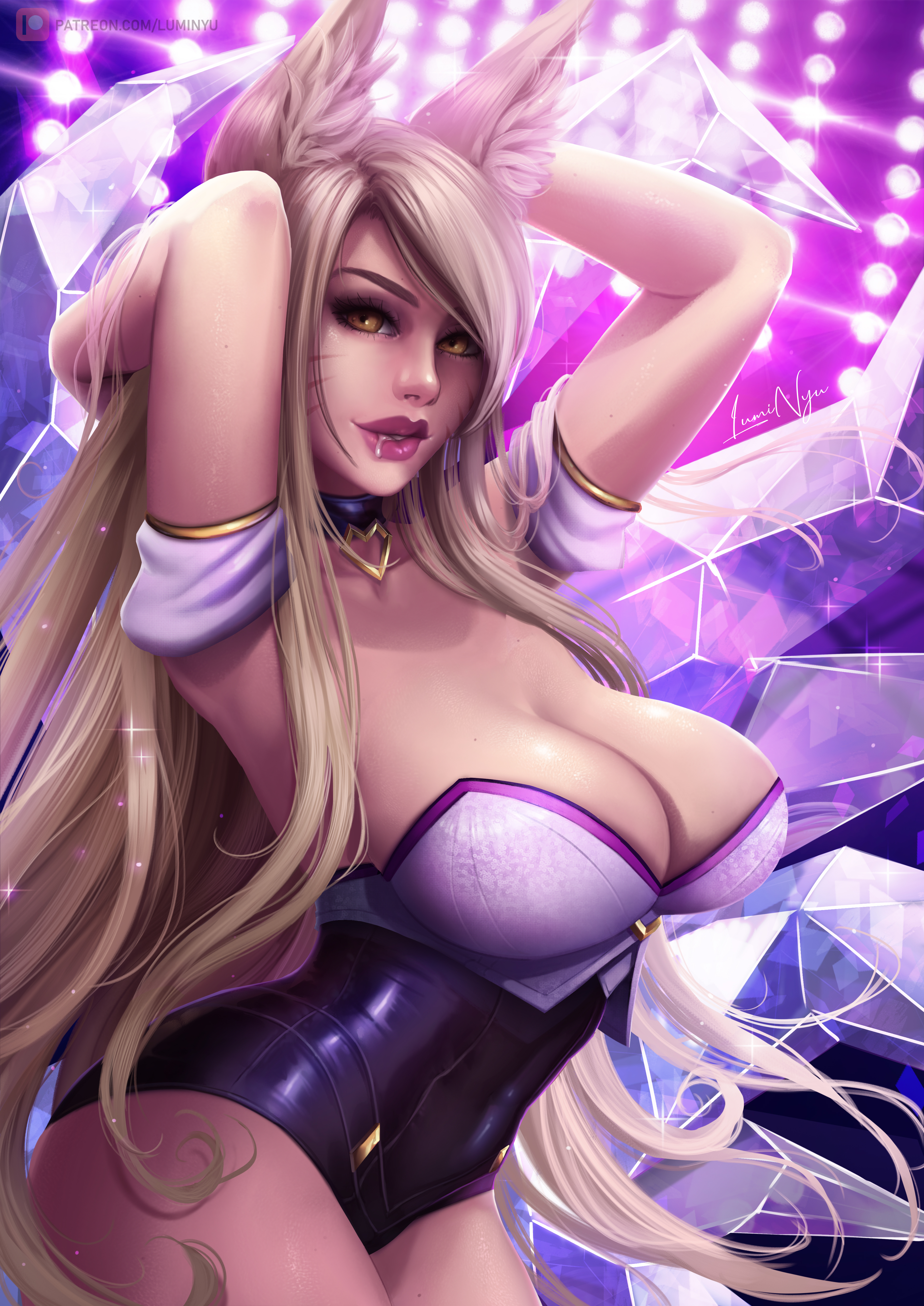 1girls, absurd res, absurdres, ahri, alternate version available, animal ears, armpits, arms above head, arms behind back, arms behind head, arms up, ass, big ass, big breasts, blonde hair, breasts, busty, cleavage, clothed, clothing, cum, cum in mouth, detailed background, female, female focus, female only, fluffy, fluffy ears, fox ears, full lips, hair, hourglass figure, k/da ahri, k/da series, kemonomimi, kitsune, large breasts, league of legends, light-skinned female, lipstick, long hair, looking at viewer, luminyu, makeup, pose, posing, riot games, shiny, slim waist, solo, solo focus, standing, tagme, tail, thick thighs, thighs, very high resolution, very long hair, wide hips, yellow eyes