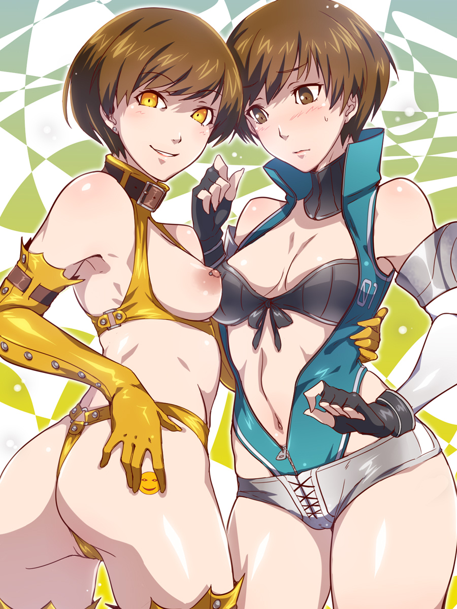 boots breasts brown_hair crotch_zipper dark_persona duo elbow_gloves em em_(totsuzen_no_hakike) female gloves hair harness high-cut_armor leather megami_tensei persona persona_4 satonaka_chie shadow_(persona) shadow_chie shadow_self_(persona) short_hair tagme topless yellow_eyes zipper