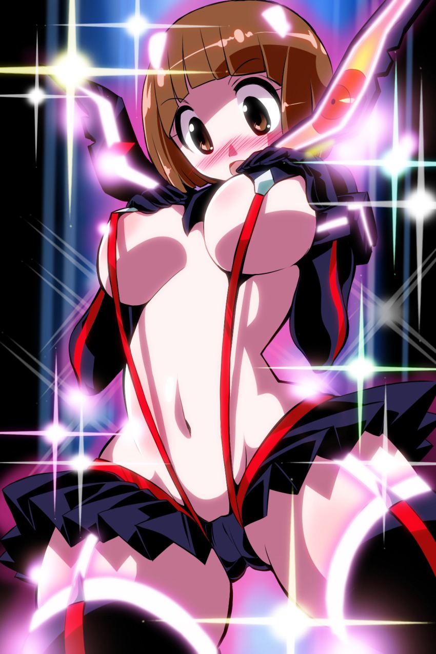 1girls, alternate costume, bikini, bikini armor, blush, breasts, brown hair, brown-haired female, clothing, cosplay, embarrassed, female, impossible clothes, kill la kill, lingerie, mankanshoku mako, open eyes, panties, revealing clothes, senketsu, shirai32, short hair, small breasts, surprised, underwear