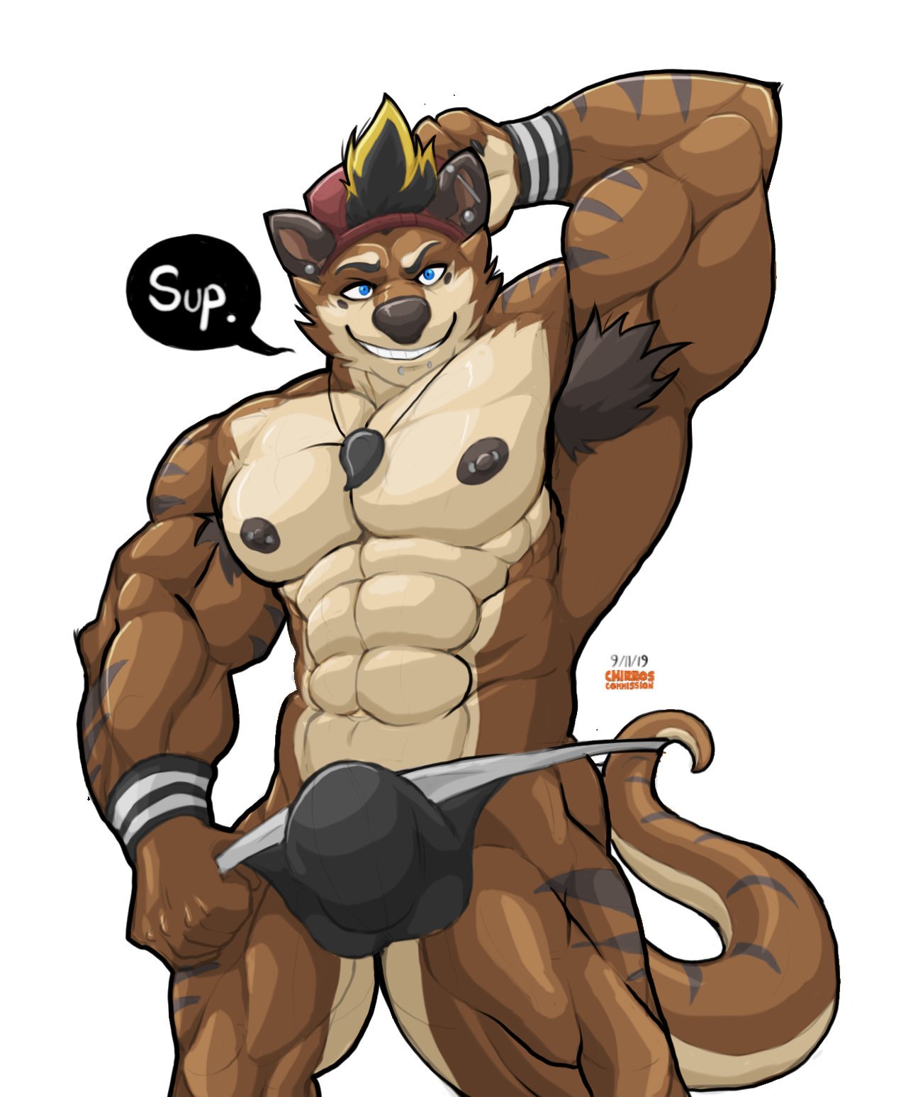 2019 anthro armpit_hair backwards_baseball_cap balls_outline baseball_cap big_bulge big_muscles black_body black_fur black_hair black_nipples black_nose blonde_hair blue_eyes body_hair brown_body brown_fur bulge canid canine canis chin_piercing chirros clothed clothing domestic_dog ear_piercing fur hair hat headgear headwear hi_res hybrid jockstrap kiasano kyo_(kiasano) looking_at_viewer lutrine male male_focus male_only mammal multicolored_body multicolored_fur multicolored_hair muscular muscular_male mustelid nipple_piercing nipples piercing simple_background smile solo speech_bubble standing topless underwear white_background