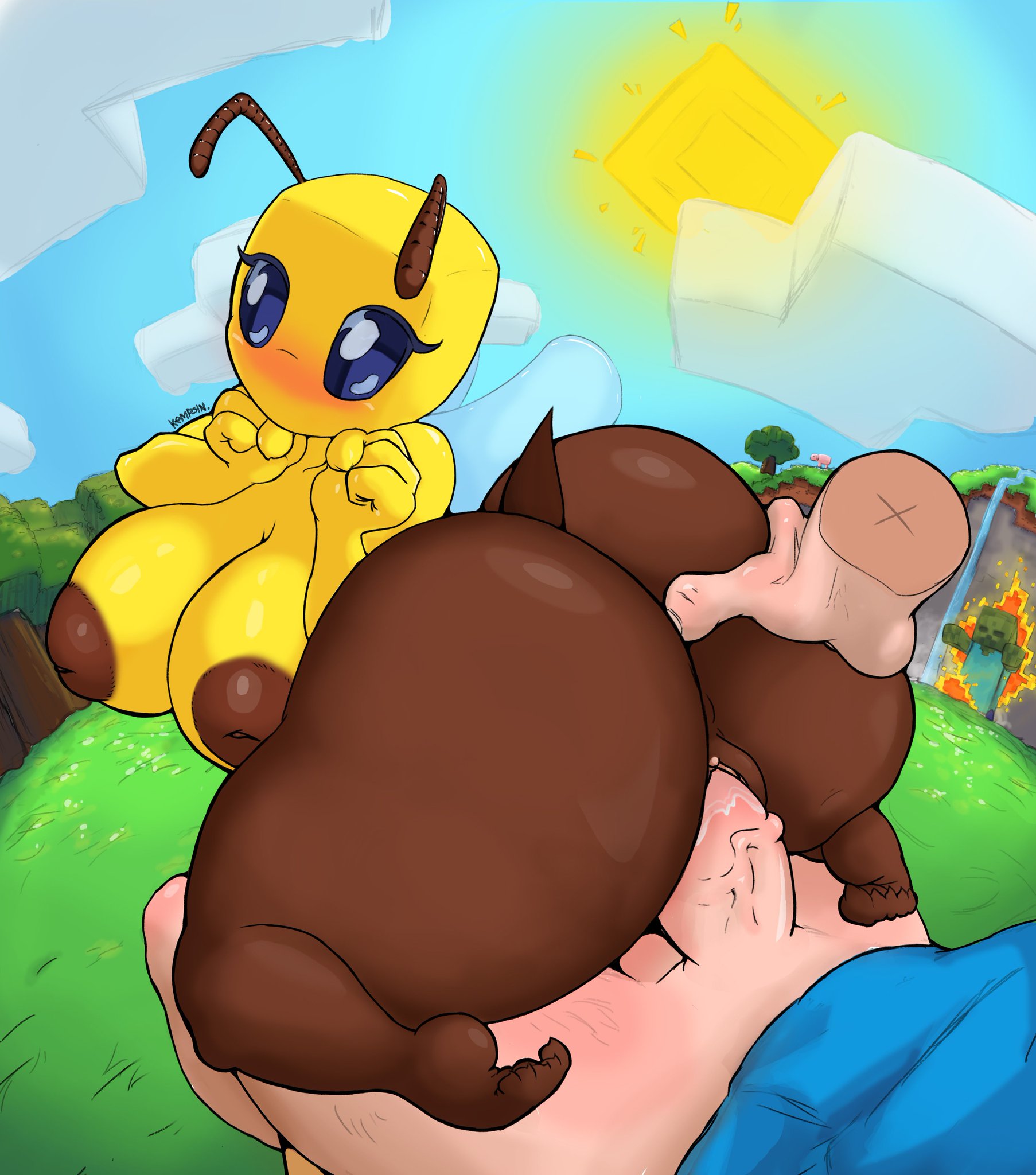 antennae, anthro, anthrofied, ass, ass grab, bee, bee (minecraft), blue eyes, blush, female, honey bee, kempsin, minecraft, mojang, pussy, sex, steve (minecraft), stinger, straight, vaginal penetration, wings, zombie, zombie (minecraft)