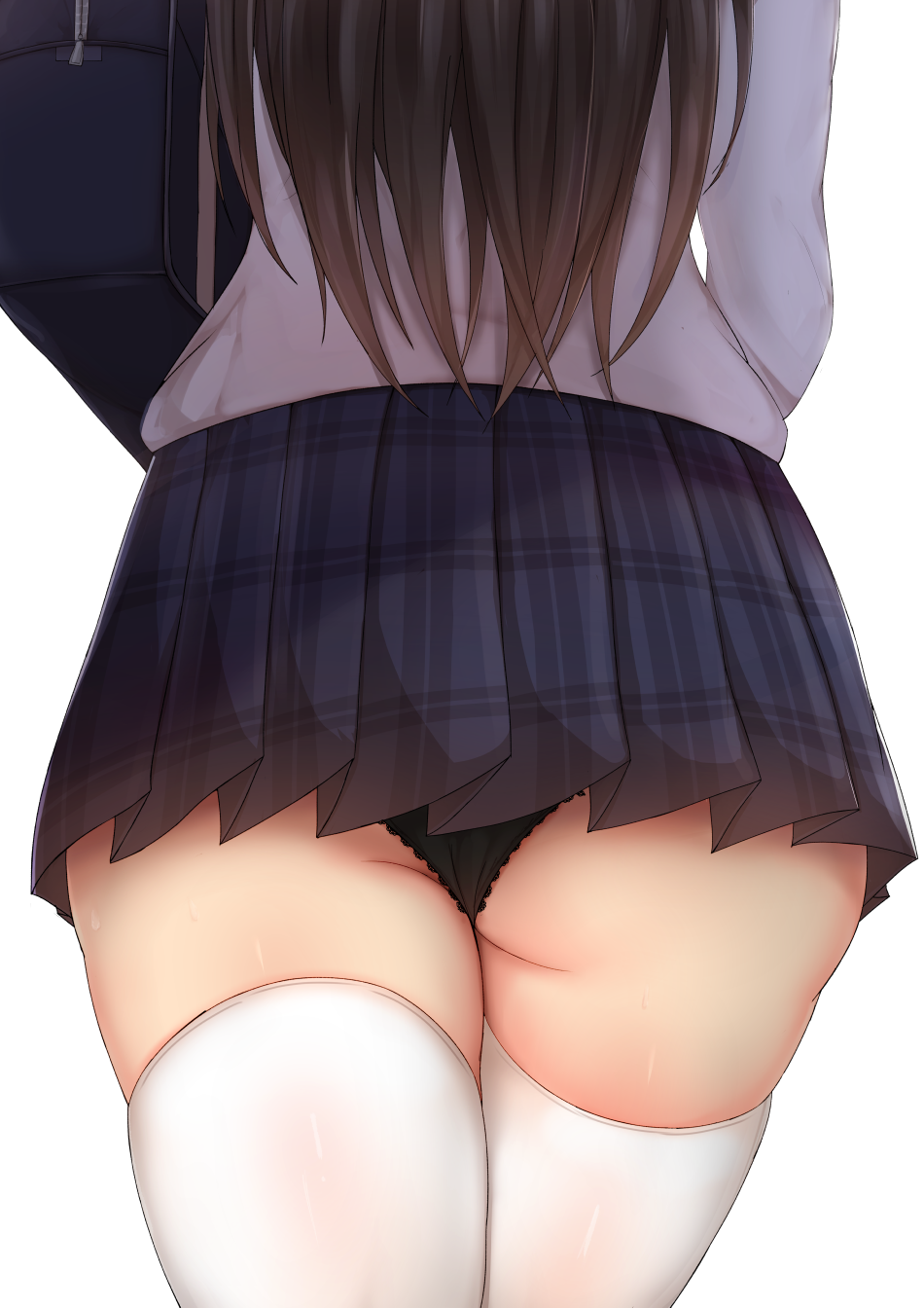 ass ass_focus black_panties brown_hair chiyo_(pk19981234) female legs_focus original school_uniform schoolgirl skirt tagme thighhighs upskirt white_background