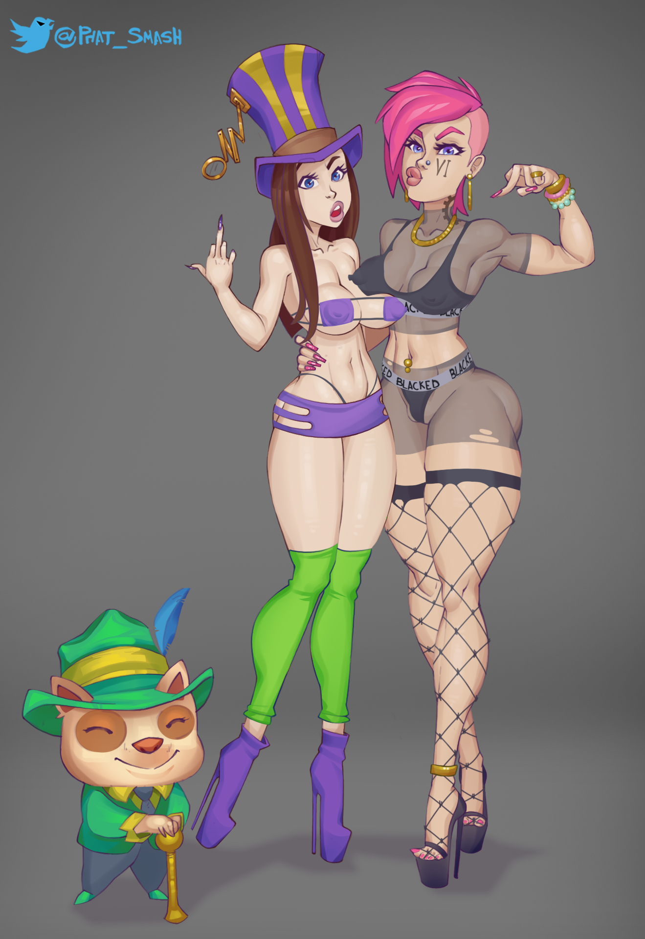 2d, 2girls, blacked, blacked clothing, caitlyn kiramman, canon couple, female, fishnet stockings, fishnets, high heels, league of legends, male, open toe shoes, phat smash, platform heels, riot games, stiletto heels, teemo, very high heels, vi