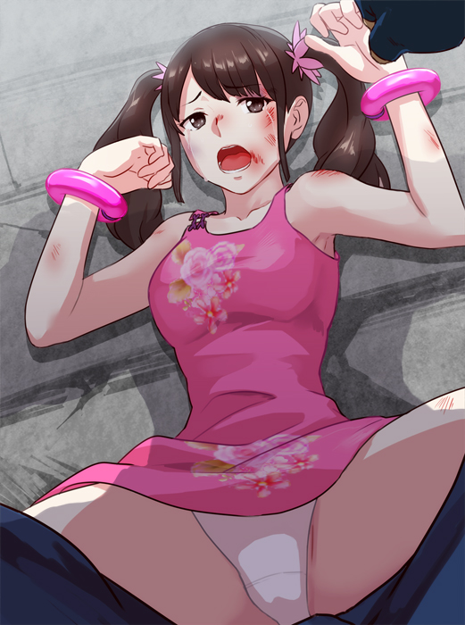 188 brown_eyes brown_hair bryan_fury clothing defeated dress female imminent_rape ling_xiaoyu long_hair open_mouth panties partial_male pink_dress rape scared spread_legs tears tekken tekken_4 upskirt white_panties