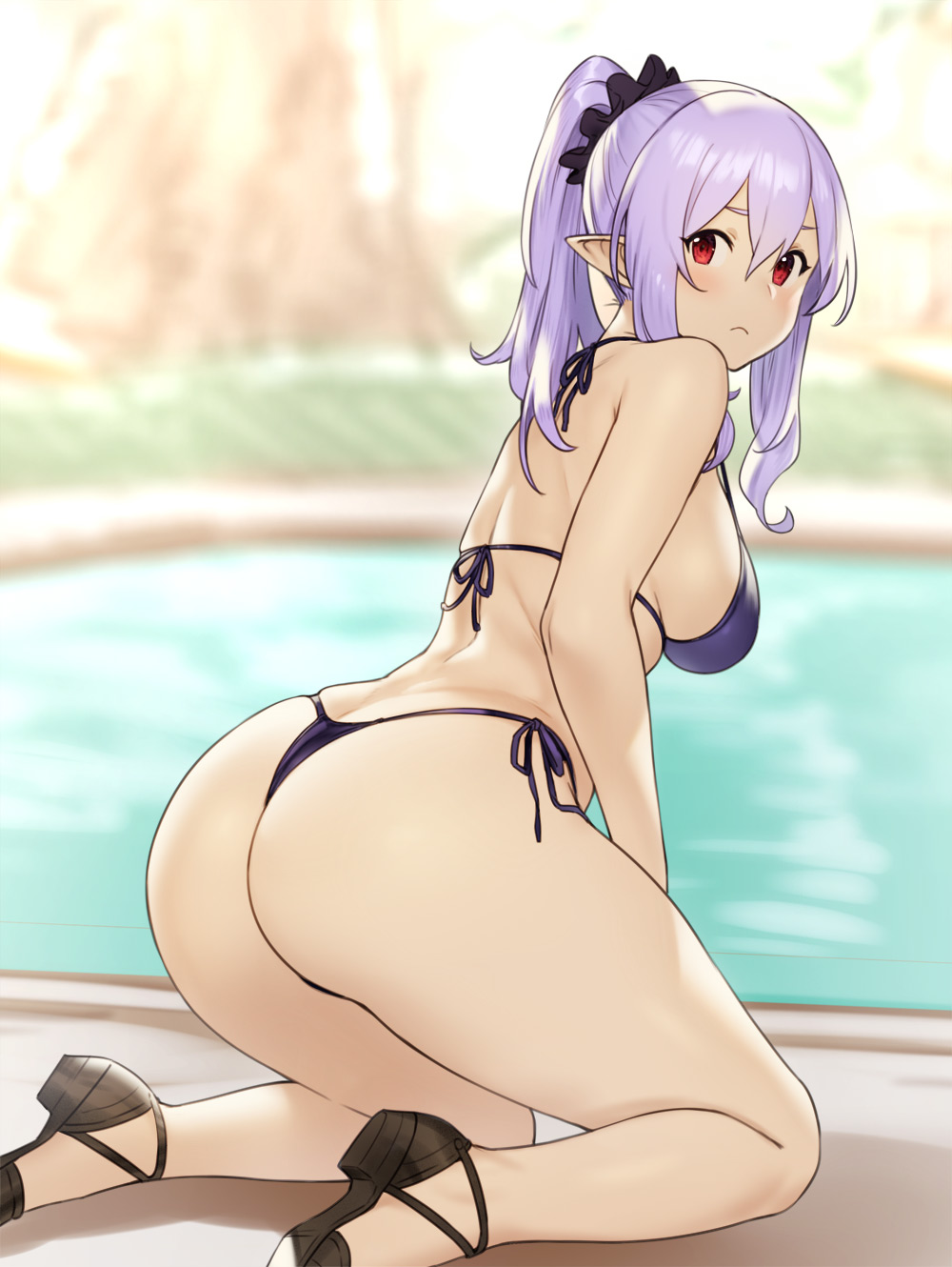 1girls, ass, back view, big ass, bikini, breasts, elf, female, female only, high heels, houtengeki, lavender hair, looking at viewer, looking back, ponytail, purple hair, red eyes, solo