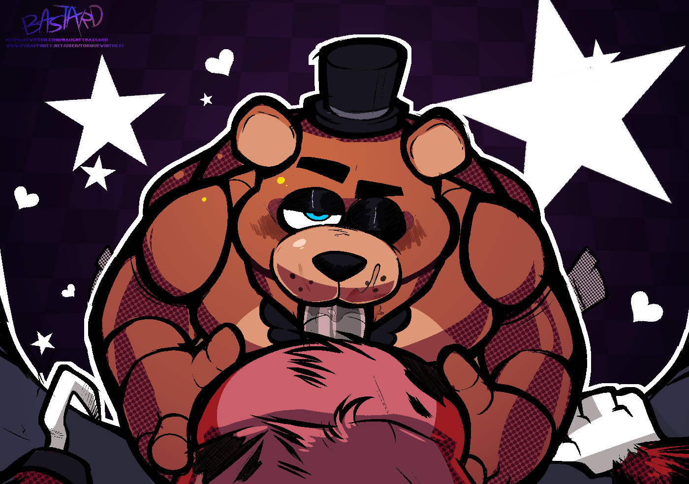 animatronic, bear, ene eye closed, first person view, five nights at freddy's, fox, foxy (fnaf), freddy (fnaf), heart, hook hand, machine, male, male only, male/male, mammal, oral, oral penetration, penetration, penis, robot, tagme, torquewintress, ursid, video games