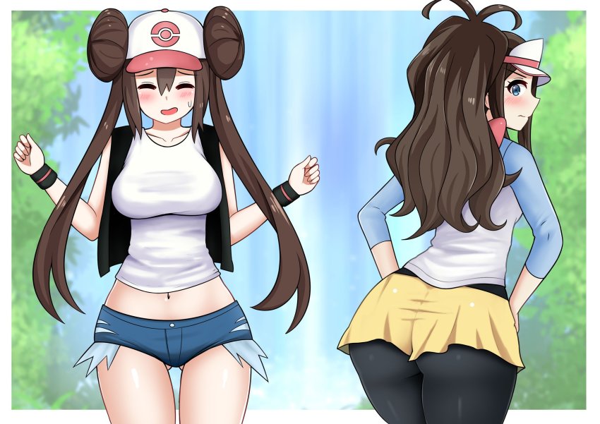 2girls alternate_costume alternate_hairstyle alternate_outfit ass back bent_over blue_eyes blush bracelet breasts brown_hair closed_eyes clothed clothes cosplay costume_switch day denim_shorts double_bun embarrassed eye_contact eyelashes female female_only female_with_female fully_clothed hat hilda_(pokemon) hilda_(pokemon)_(cosplay) huge_ass human impossible_clothes long_ears long_hair looking_at_viewer looking_back medium_breasts midriff nintendo open_eyes open_mouth outdoors outfit_swap pantyhose pokemon pokemon_bw pokemon_bw2 ponytail rosa_(pokemon) rosa_(pokemon)_(cosplay) shiny_skin shirt short_hair shorts skirt sky smile source_request sweat sweatband the_only_shoe thick_thighs thigh_gap tongue tree twintails vest white_border white_shirt wide_hips yellow_skirt